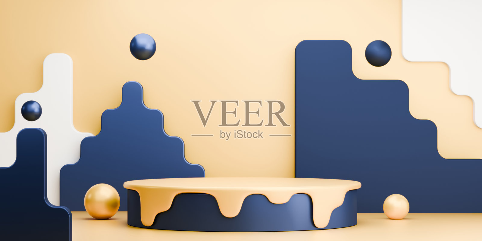 黄色和蓝色，时尚产品背景展示台，配有空白背景。照片摄影图片