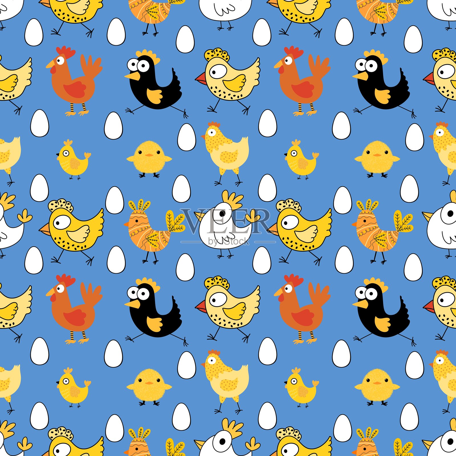 卡通复活节彩蛋和小鸡无缝图案，适用于包装纸、面料和服装印刷插画图片素材