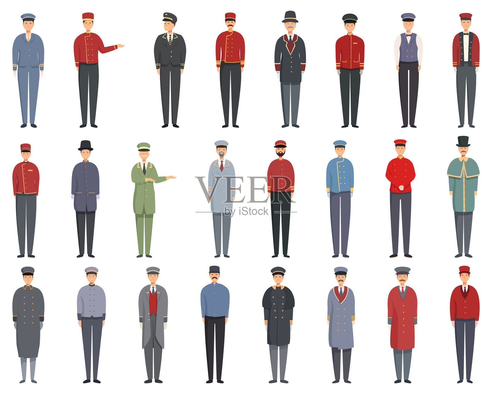 门卫图标集卡通矢量。酒店预订插画图片素材