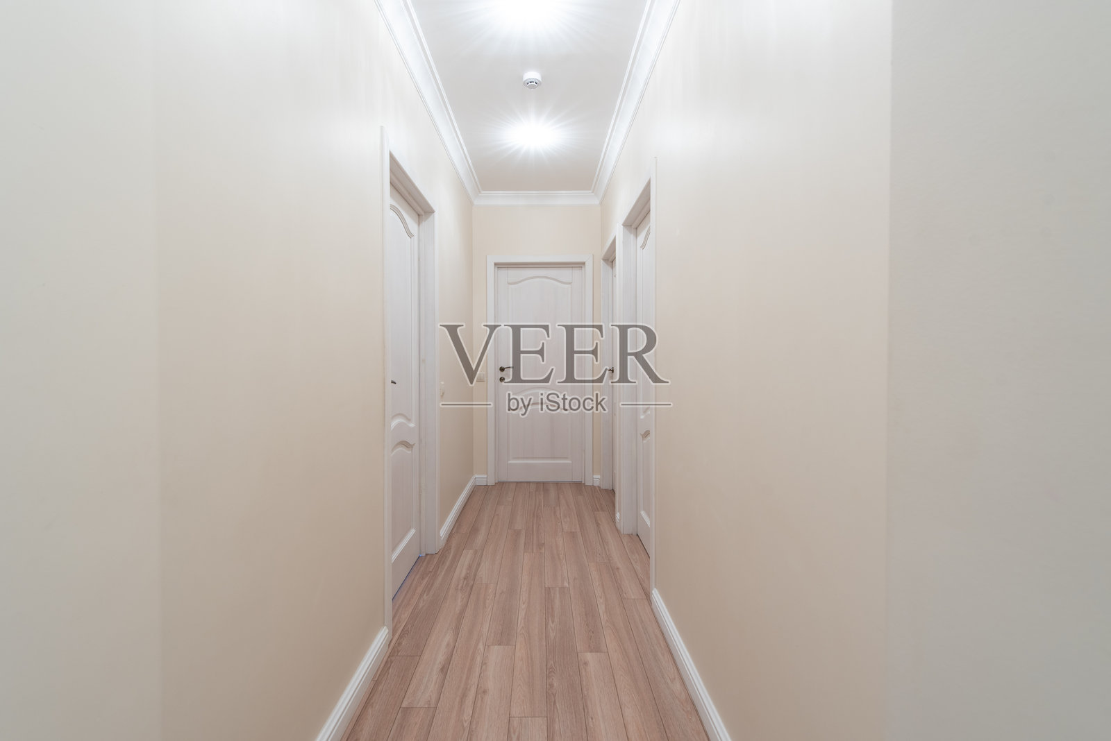 明亮的住宅走廊，现代装饰和封闭的木门。室内环境照片摄影图片