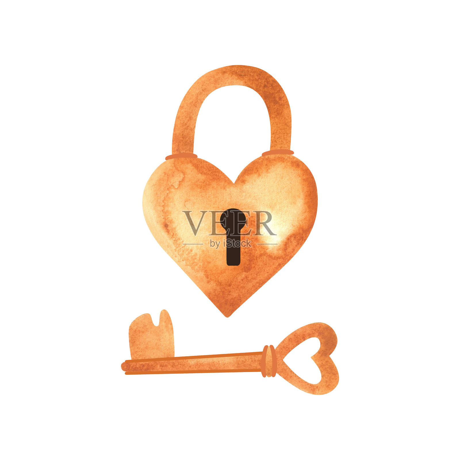 心形锁和钥匙。永恒爱情的婚礼象征。传统。孤立的水彩插图。插画图片素材