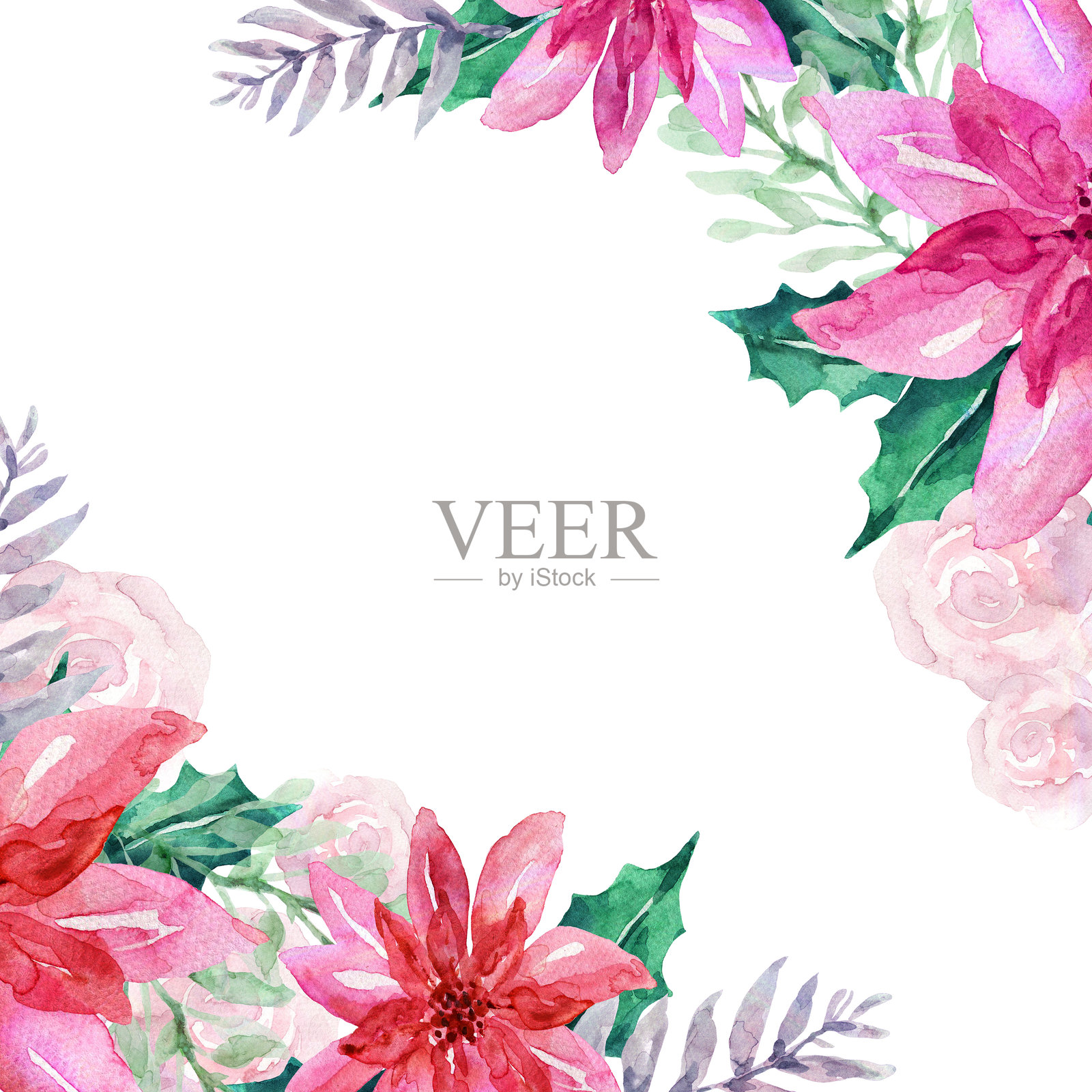 手绘甜美水彩无缝假日图案，带有不同的浆果、圣诞红花和叶子边框标签框，复古风格插画图片素材