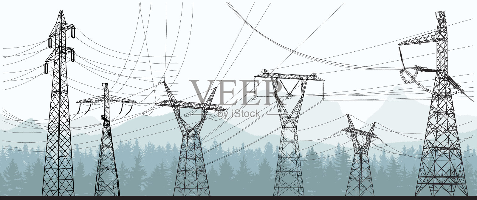 一组高大的电塔孤立在自然、山脉和树木的背景下。矢量电杆。电力线的轮廓。能源塔。黑色轮廓插图。插画图片素材