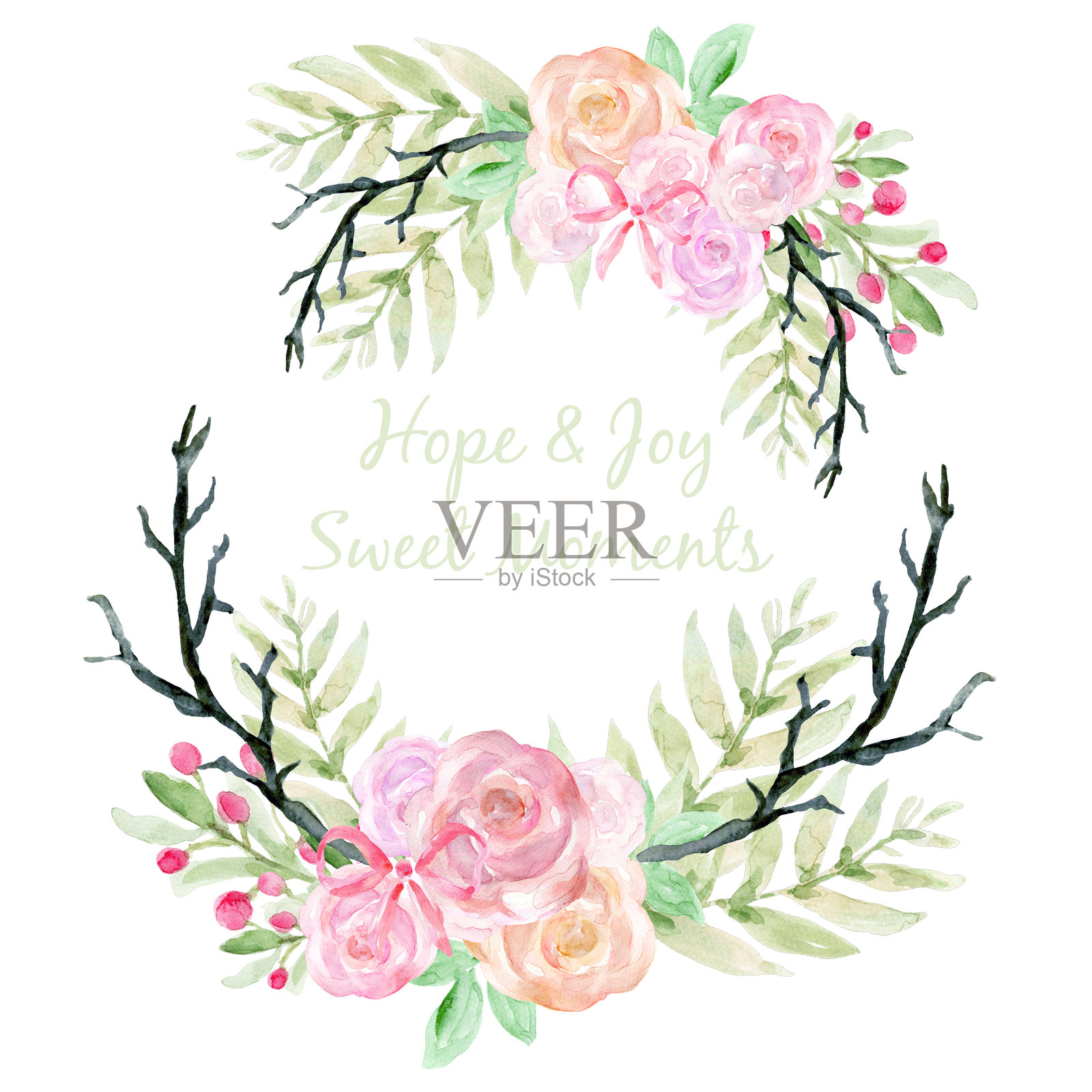 水彩新娘插图，玫瑰粉色，植物叶子系列，丝带花园和抽象元素排列，手绘花束花环图案插画图片素材