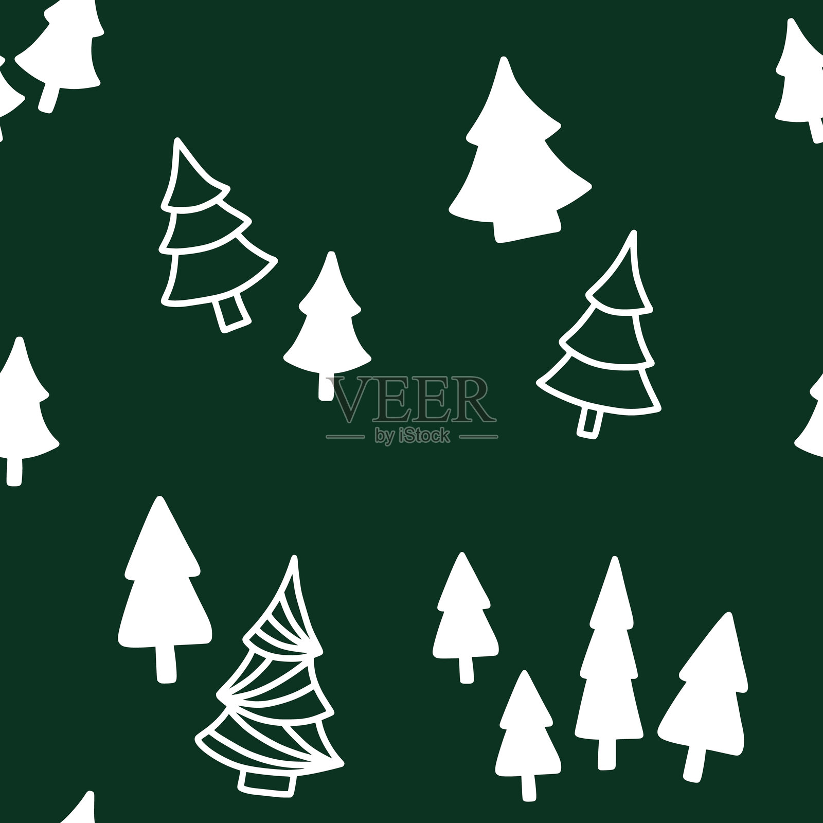 绿色圣诞图案，配有白色圣诞树。2025年新年。自然无缝图案，绿色节日冬季印花。插画图片素材