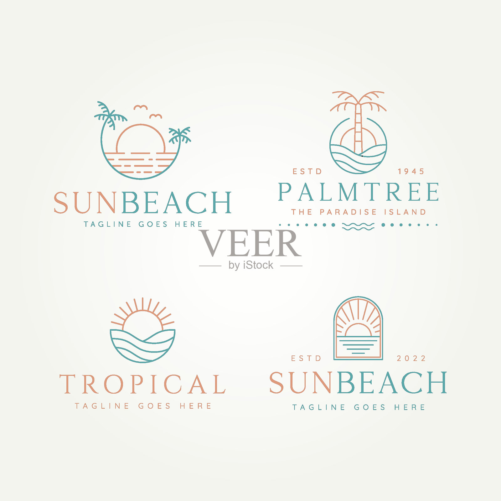 热带海洋阳光沙滩简约线条艺术logo模板矢量插图设计。简单现代的假日、度假、度假村logo概念插画图片素材