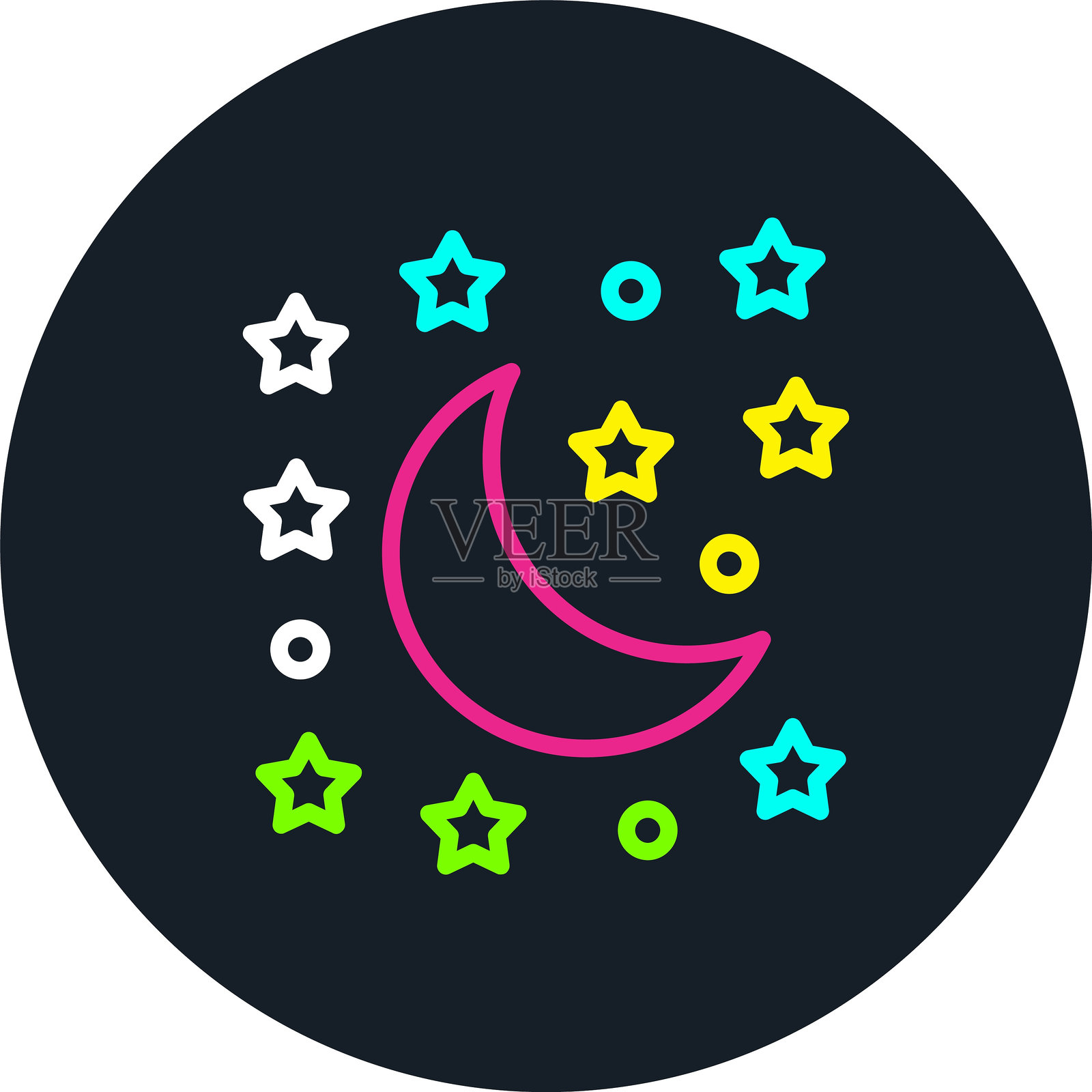 月亮和星星线条多彩图标插画图片素材