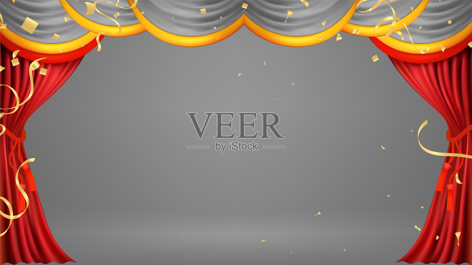 红色窗帘的真实插图。电影影院或歌剧院的丝绸装饰布料。窗帘和帷幕是剧院舞台和新年庆祝活动的室内装饰物。插画图片素材