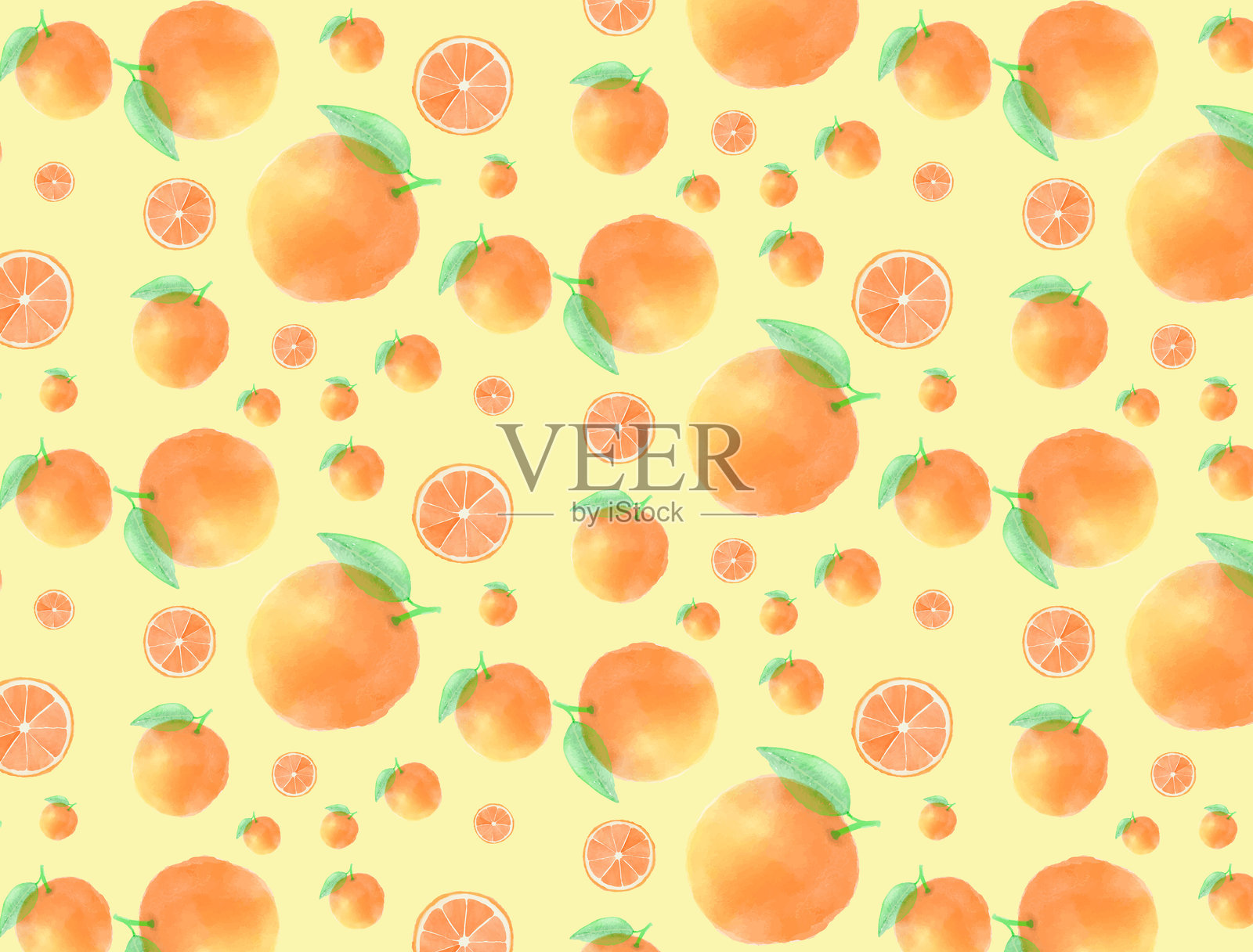 无缝橙子水果图案，水彩风格，黄色背景插画图片素材