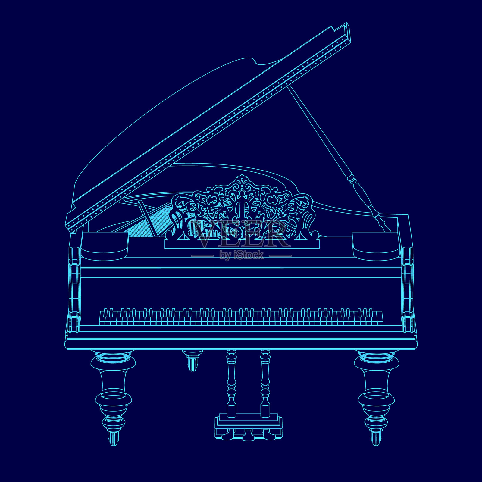 图中展示了蓝色钢琴的设计。钢琴敞开着，展现出其复杂的设计。蓝色的色调赋予了钢琴经典而永恒的外观。插画图片素材