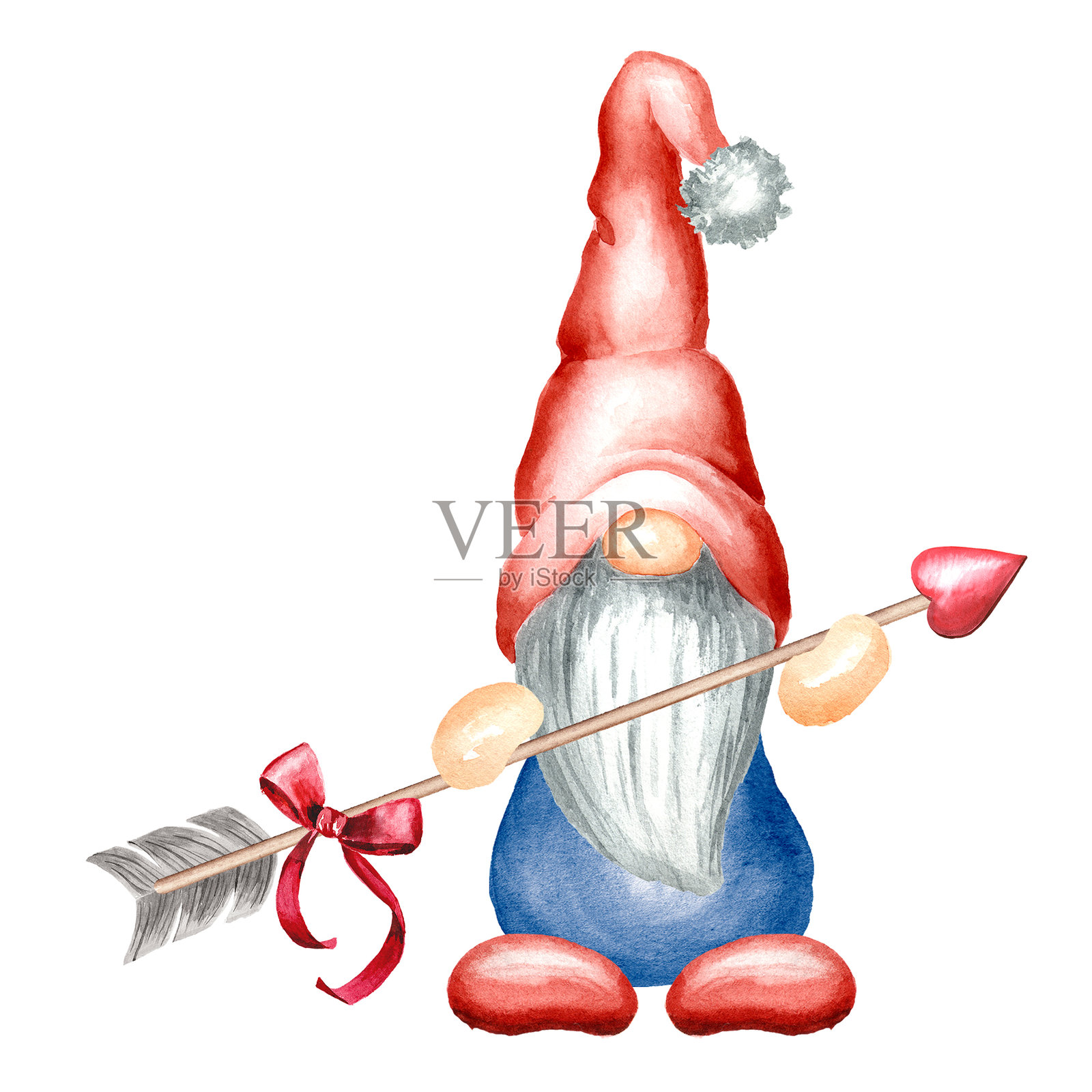 情人节侏儒，留白空间。水彩手绘插图，独立于白色背景。插画图片素材