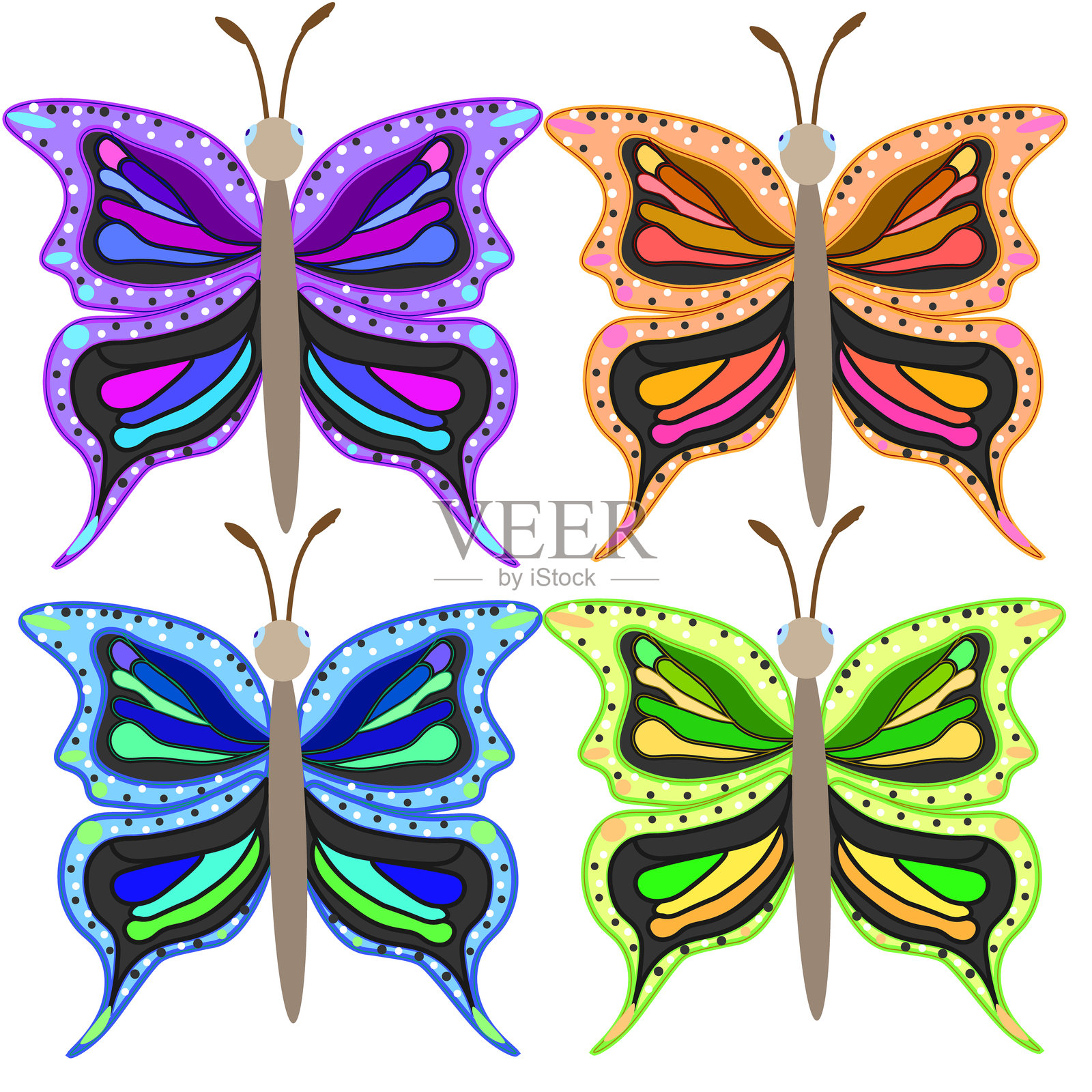 四只明亮的抽象蝴蝶插画图片素材