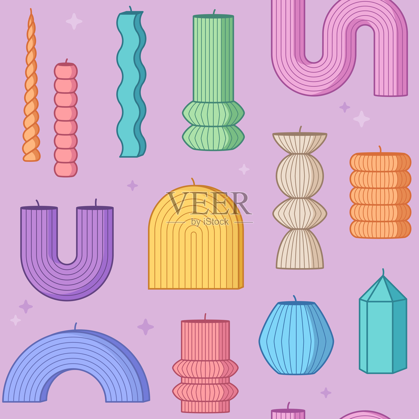 各种形状和轮廓的蜡烛无缝图案，背景。家居装饰矢量插图，图画插画图片素材