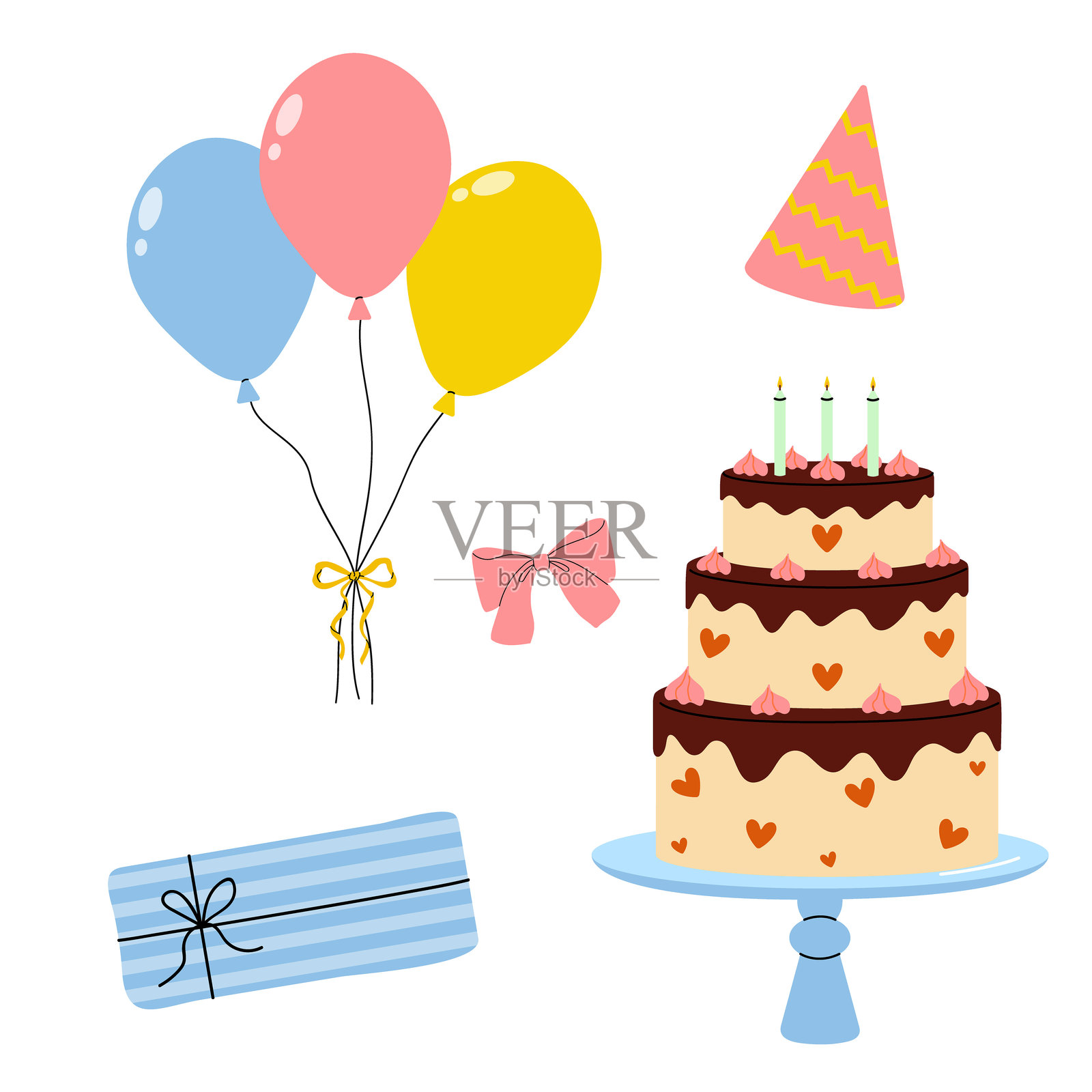 色彩缤纷的生日庆祝元素，包括气球、蛋糕和礼物插画图片素材