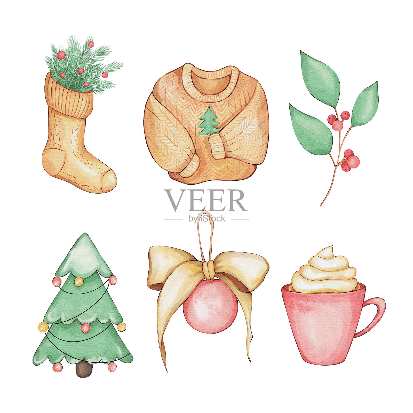 包含圣诞树、毛衣、袜子、红色杯子、装饰品和浆果的插图集插画图片素材