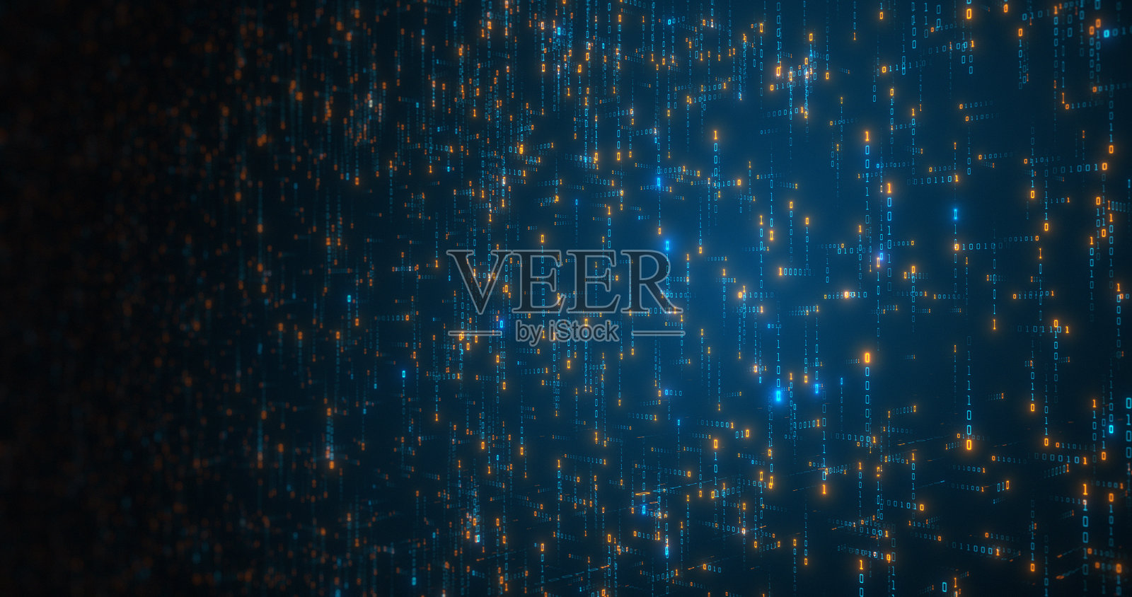 倾斜流动的二进制代码在屏幕上。计算机数据的抽象视觉，来自互联网的下载。数据在计算机系统中流动。3D渲染。照片摄影图片