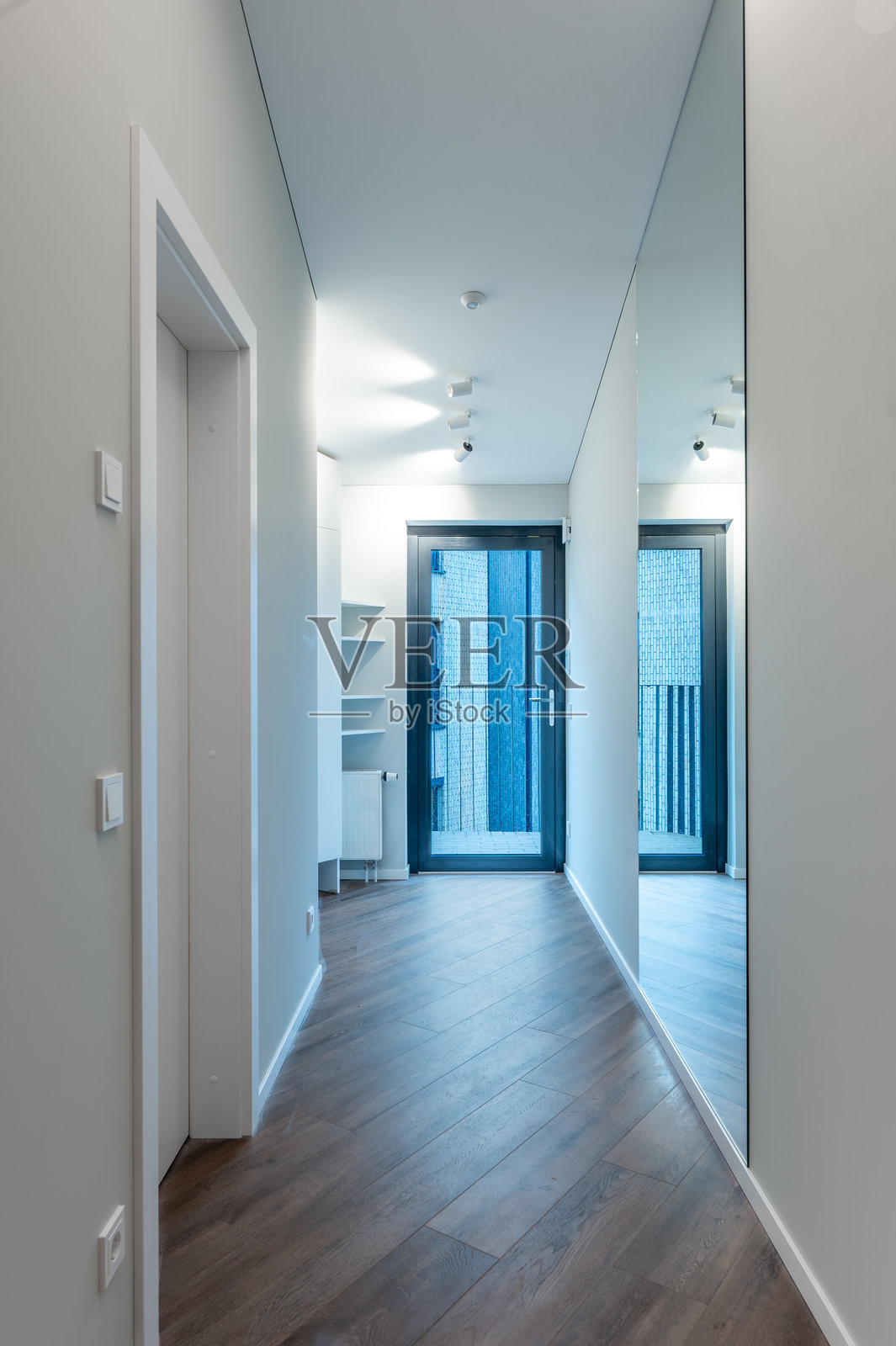 现代家居走廊，木地板和镜子，配有现代照明灯具照片摄影图片