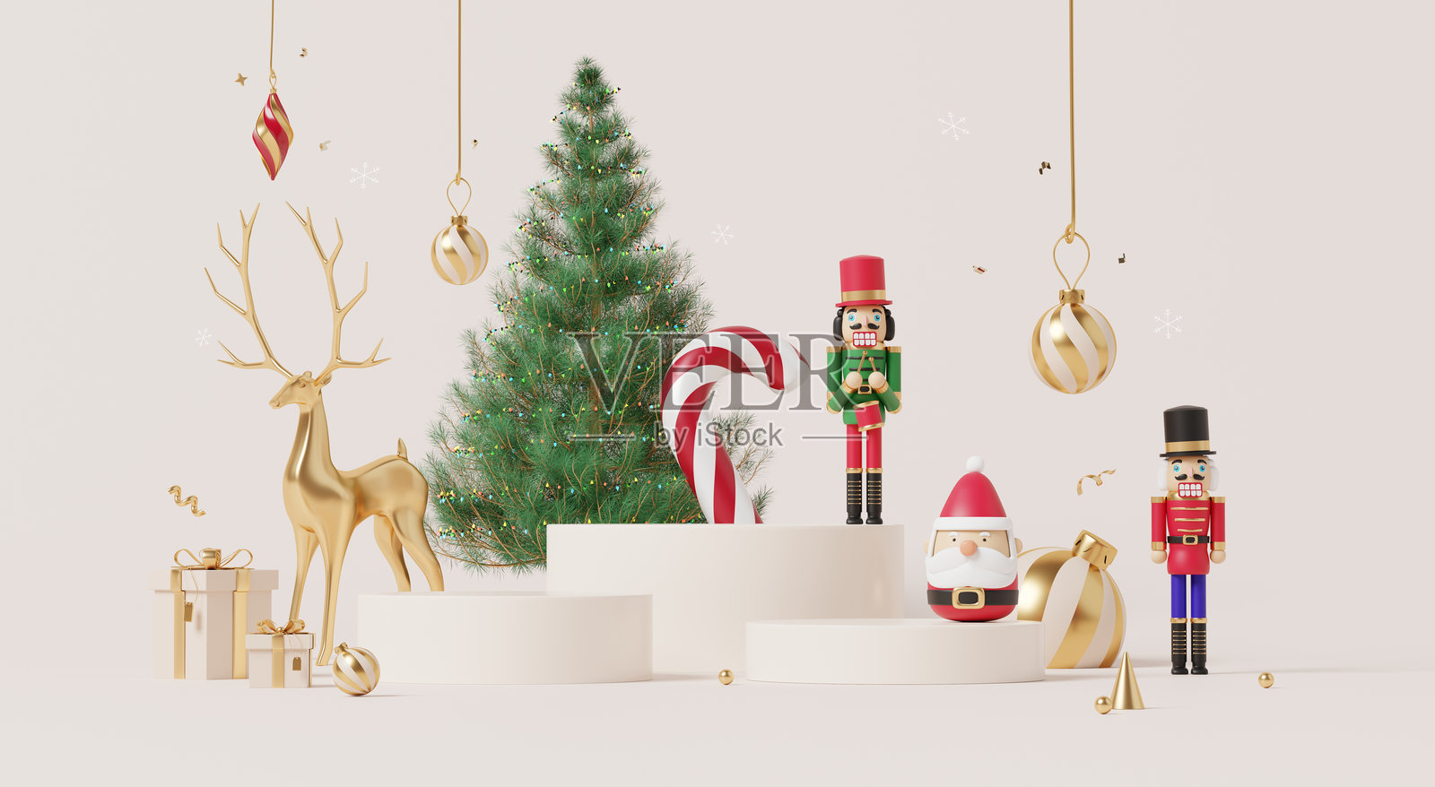 3D渲染，圣诞快乐背景，展示产品的展示台，树，金色驯鹿，胡桃夹子和节日糖果手杖。照片摄影图片