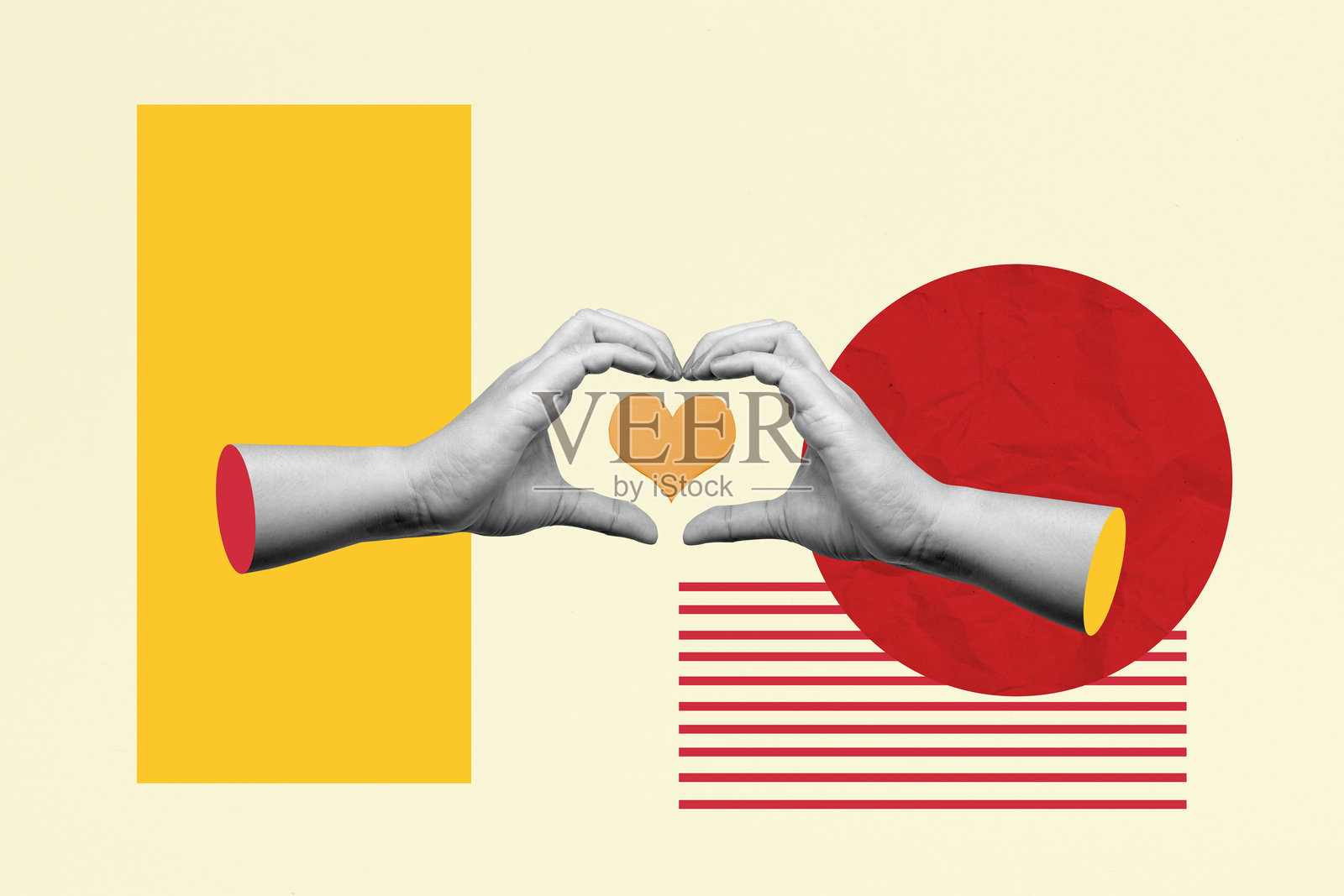 一只手做出心形手势，手心里有一个心形图案，背景色彩丰富。照片摄影图片