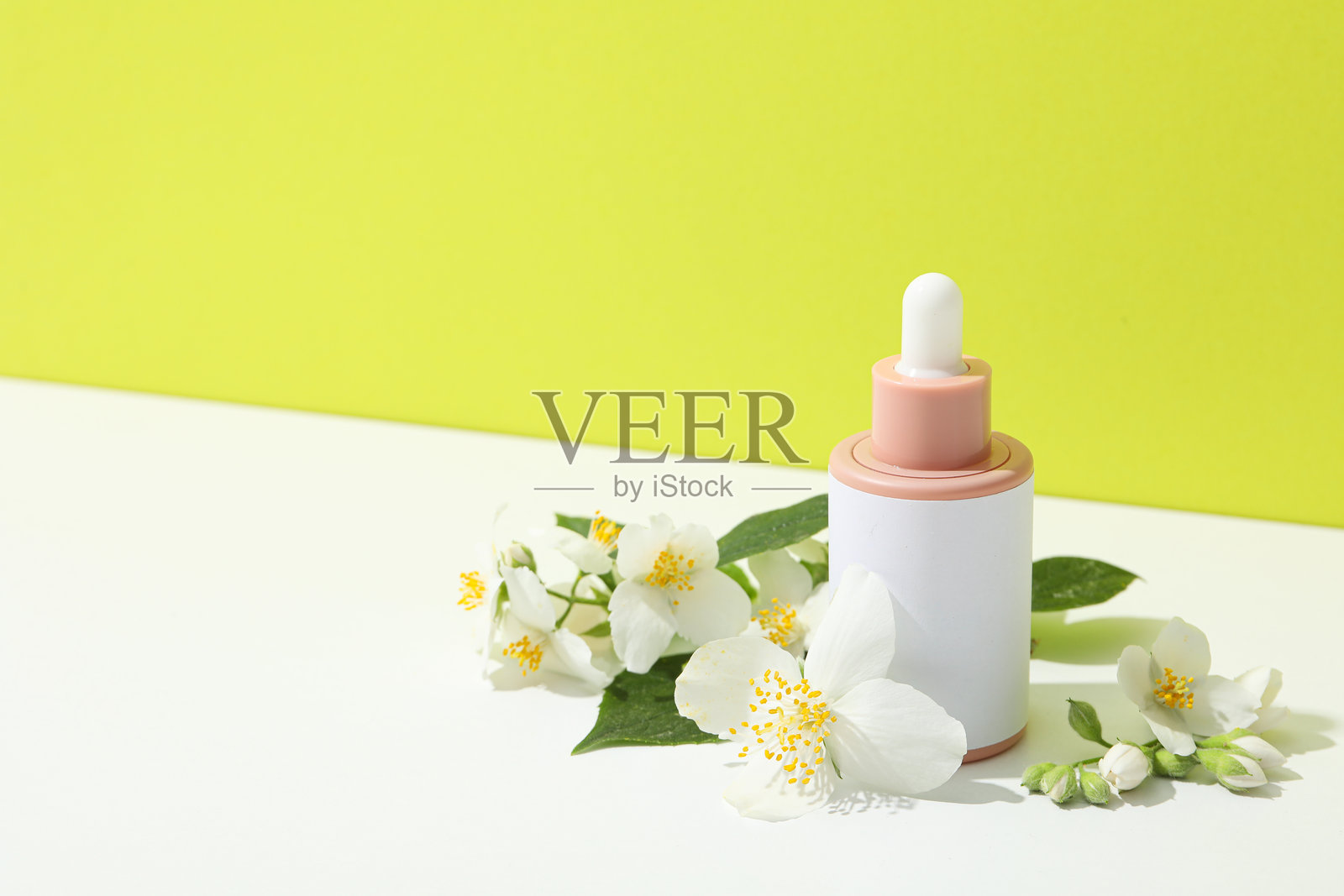 茉莉花与化妆瓶在绿色背景上，留有文字空间照片摄影图片