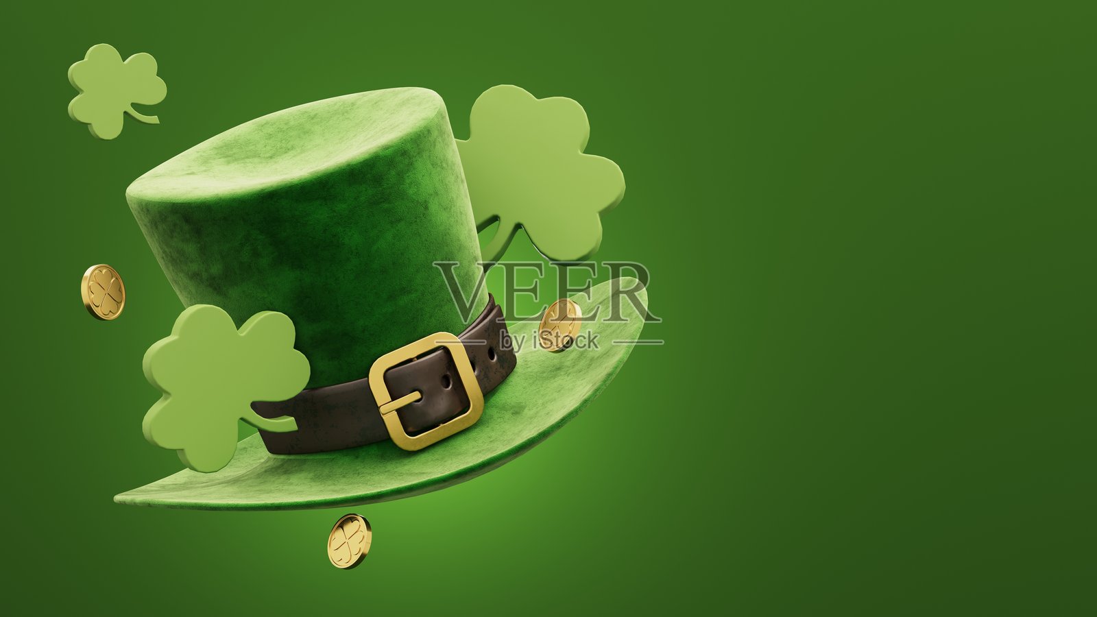 经典的绿色圣帕特里克节帽子，配有金币和三叶草的3D渲染图。照片摄影图片