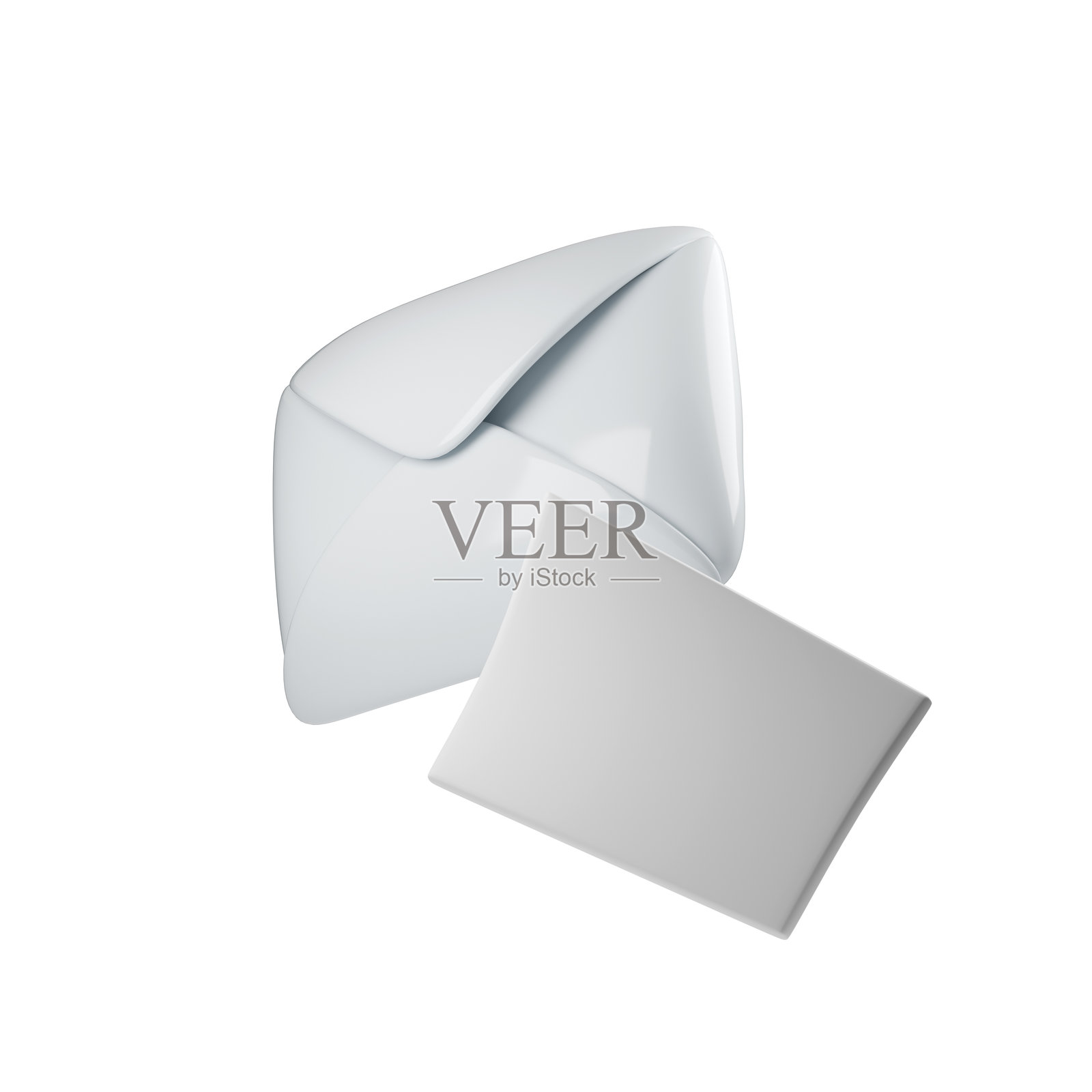 现代3D光滑白色信封部分打开，旁边是干净背景上的空白卡片。非常适合商业、文具设计或极简品牌概念。照片摄影图片