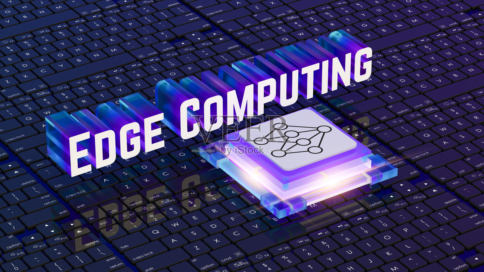 边缘计算，发光的霓虹文字，计算机键盘背景，神经网络图标，3D渲染，鲜艳的蓝色和紫色， holographic 效果，微芯片设计，人工智能和机器学习照片摄影图片