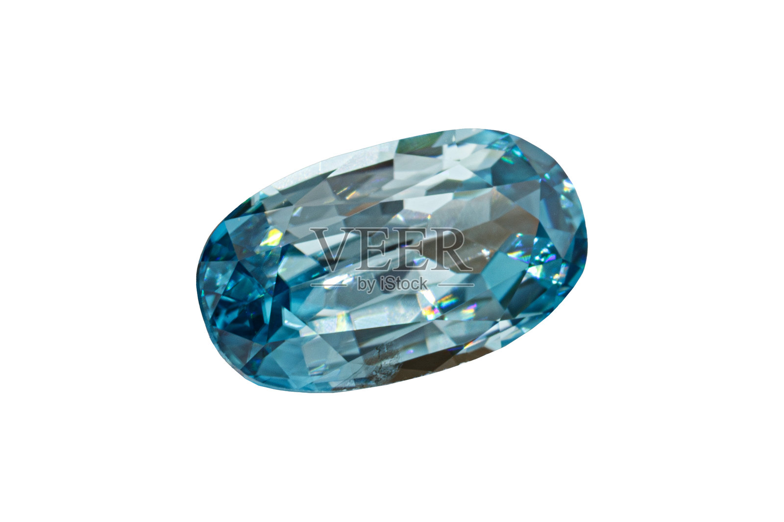 白色背景上孤立的海蓝色切割椭圆形宝石矿物特写摄影照片摄影图片