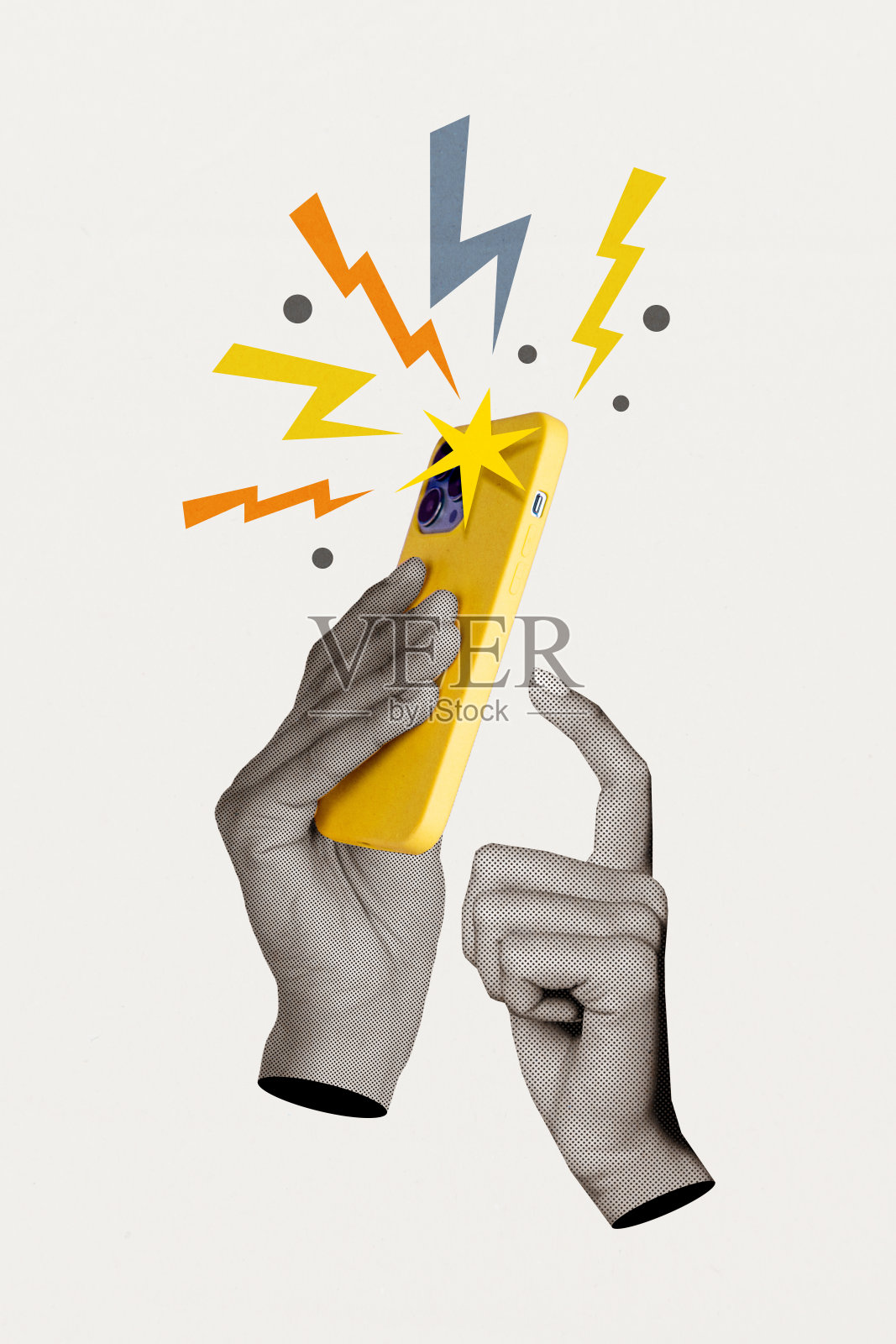 垂直拼贴的3D图像，展示一名沉迷用户手持现代设备的孤立背景。照片摄影图片