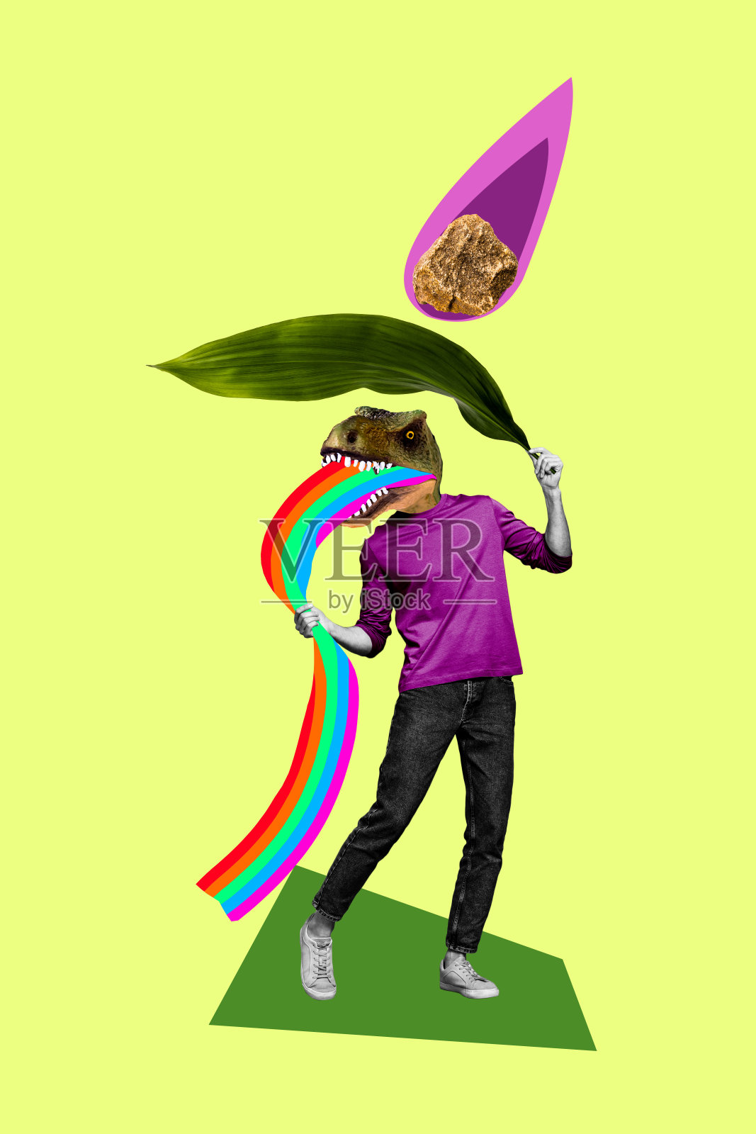 拼贴漫画艺术作品，描绘了一个奇特的无脸角色藏在巨大的绿叶下，背景富有创意。照片摄影图片