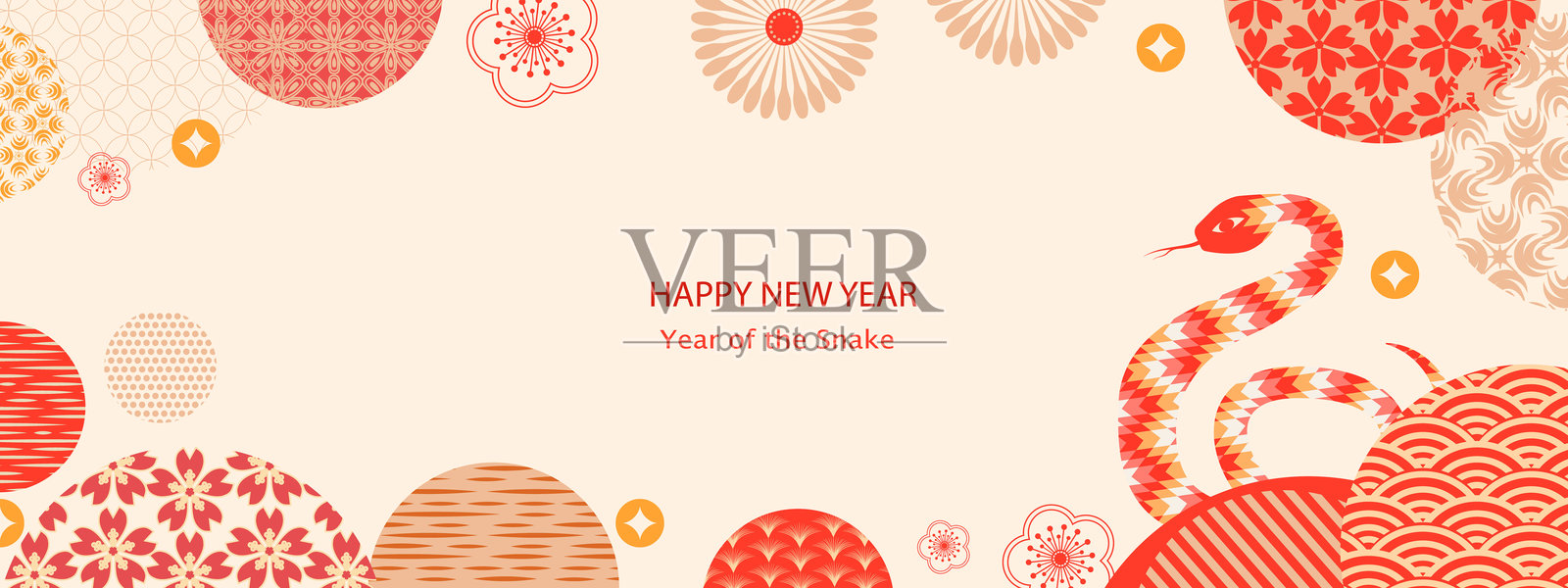 2025年春节，蛇年，生肖。带有蛇和传统图案的春节横幅模板。极简风格。矢量图。插画图片素材