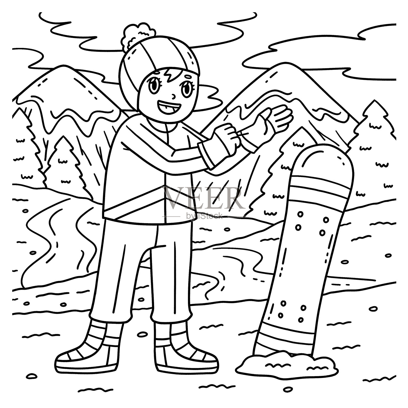 滑雪板女孩戴手套的涂色页插画图片素材