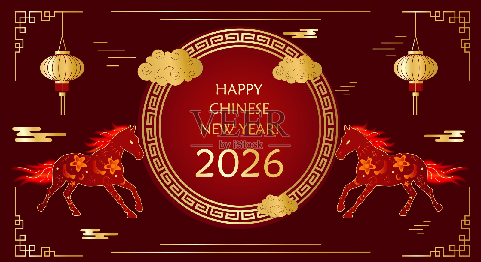 2026年快乐的中国传统新年背景，带有火焰鬃毛的马和中国装饰。横向贺卡模板。农历新年插画图片素材