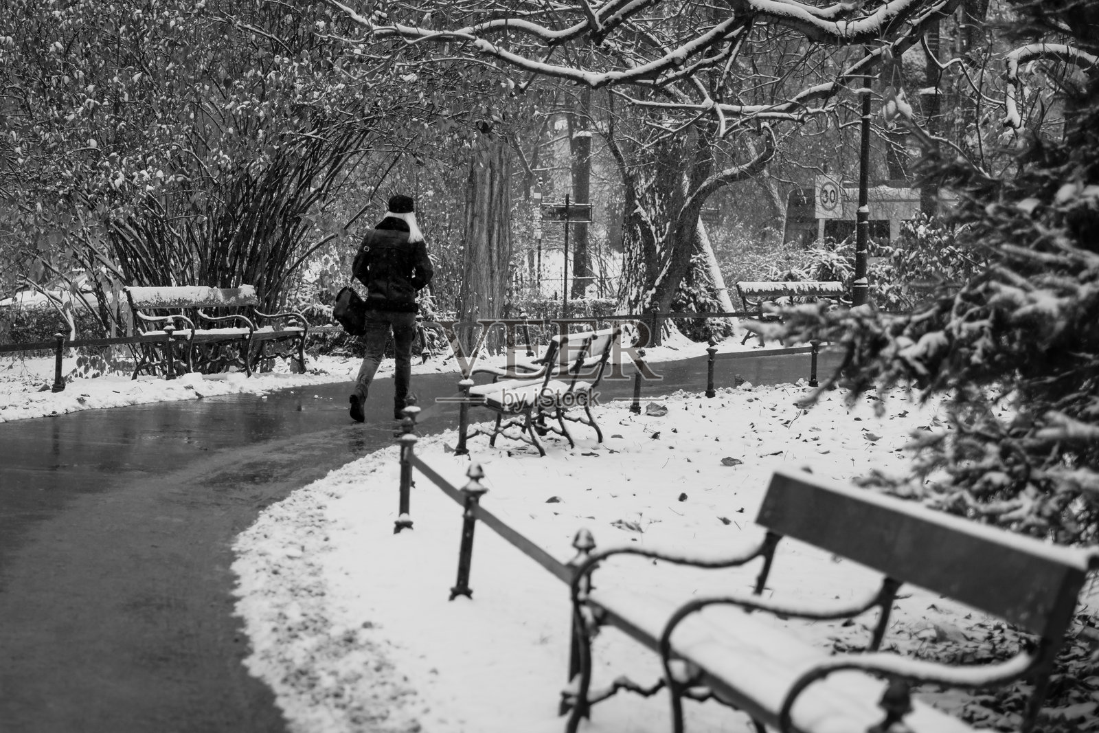 宁静的雪花飘落在公园里，光秃的长椅静静伫立。照片摄影图片