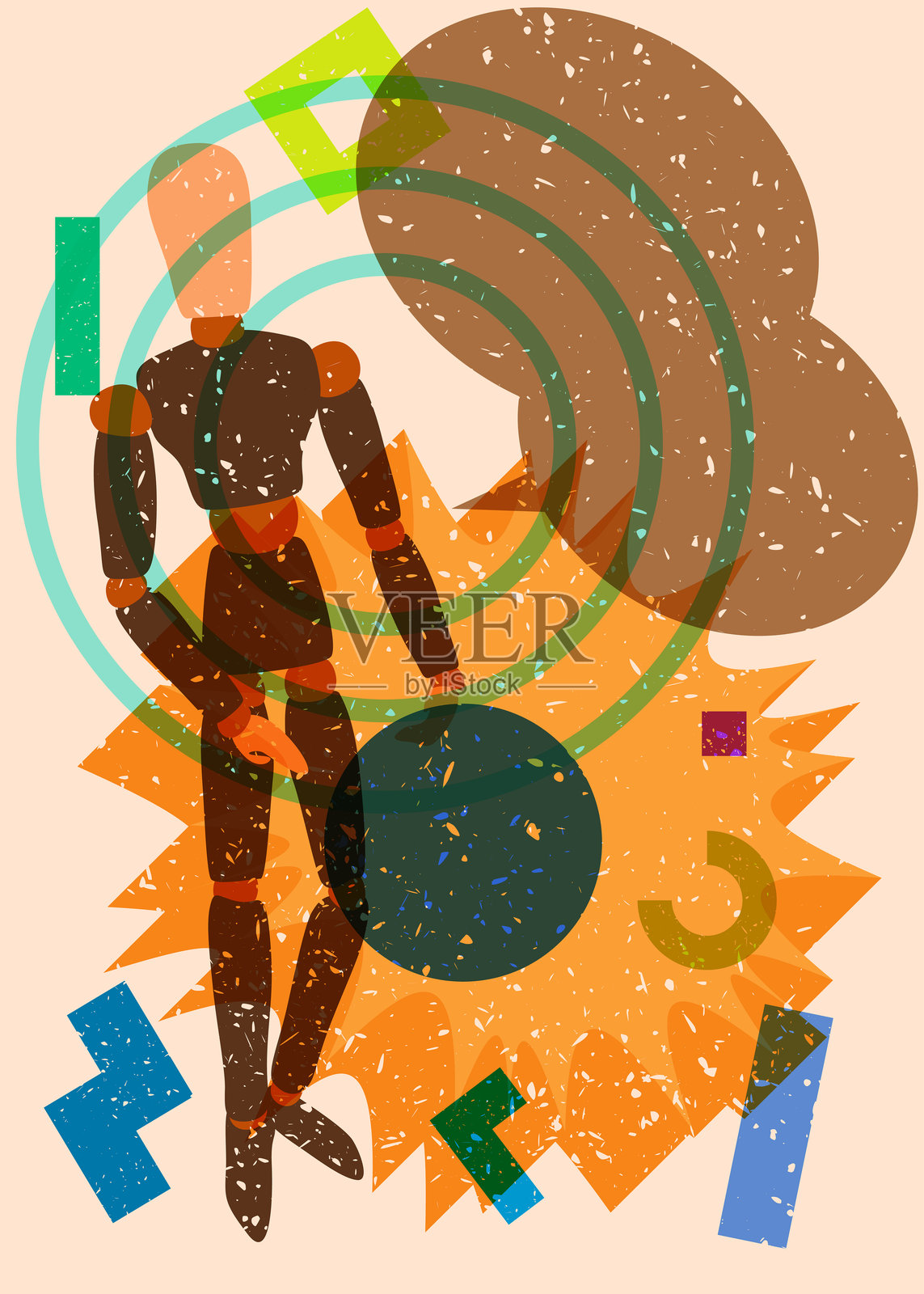 木质木偶，带有几何形状的对话气泡的人体模型。物体采用时尚的丝网印刷纹理风格设计，结合几何元素。插画图片素材