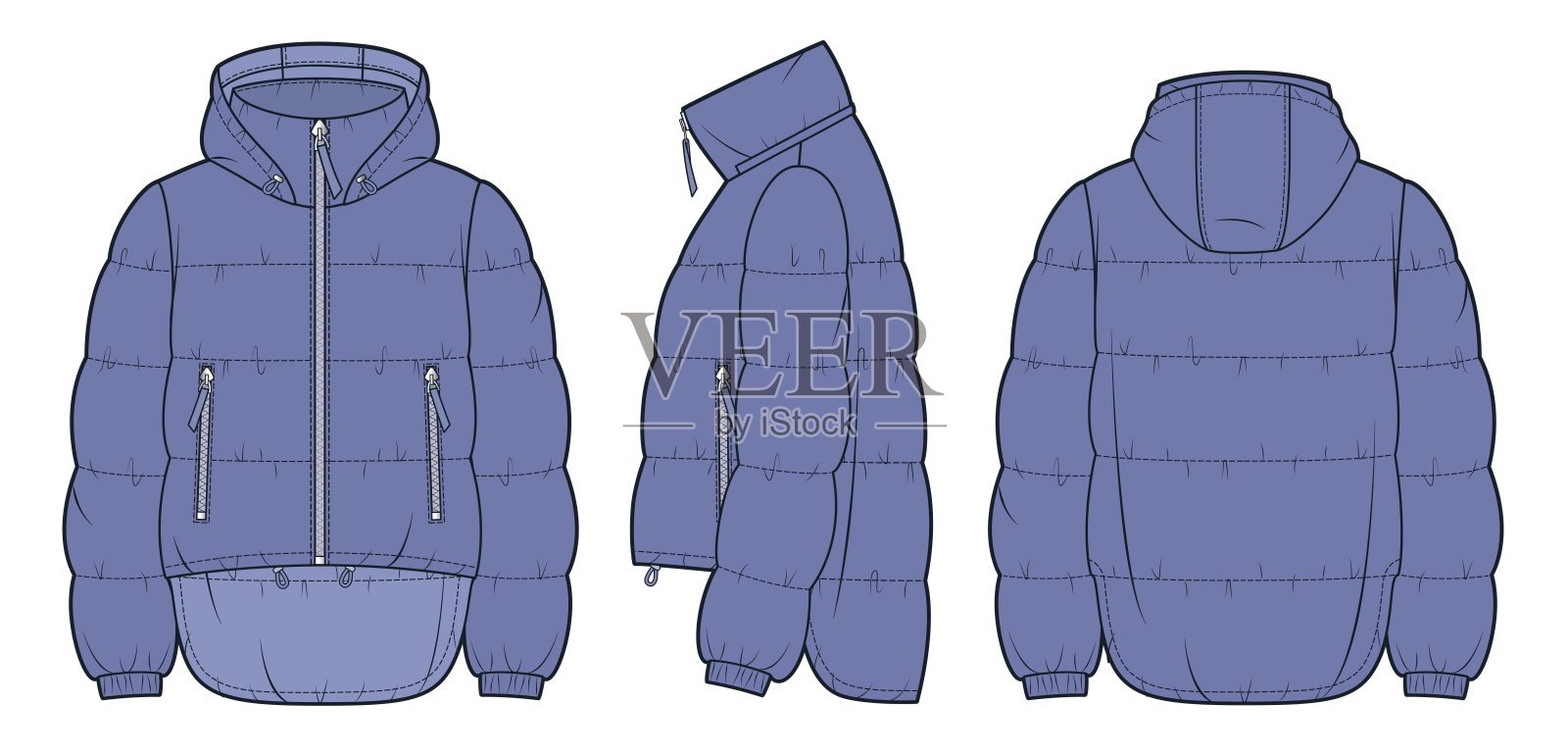 连帽羽绒夹克技术时尚插图。男女通用羽绒夹克时尚平面技术图纸模板，口袋，非对称下摆，正面、侧面和背面视图，紫色，女性，男性，男女通用CAD模型套件。插画图片素材