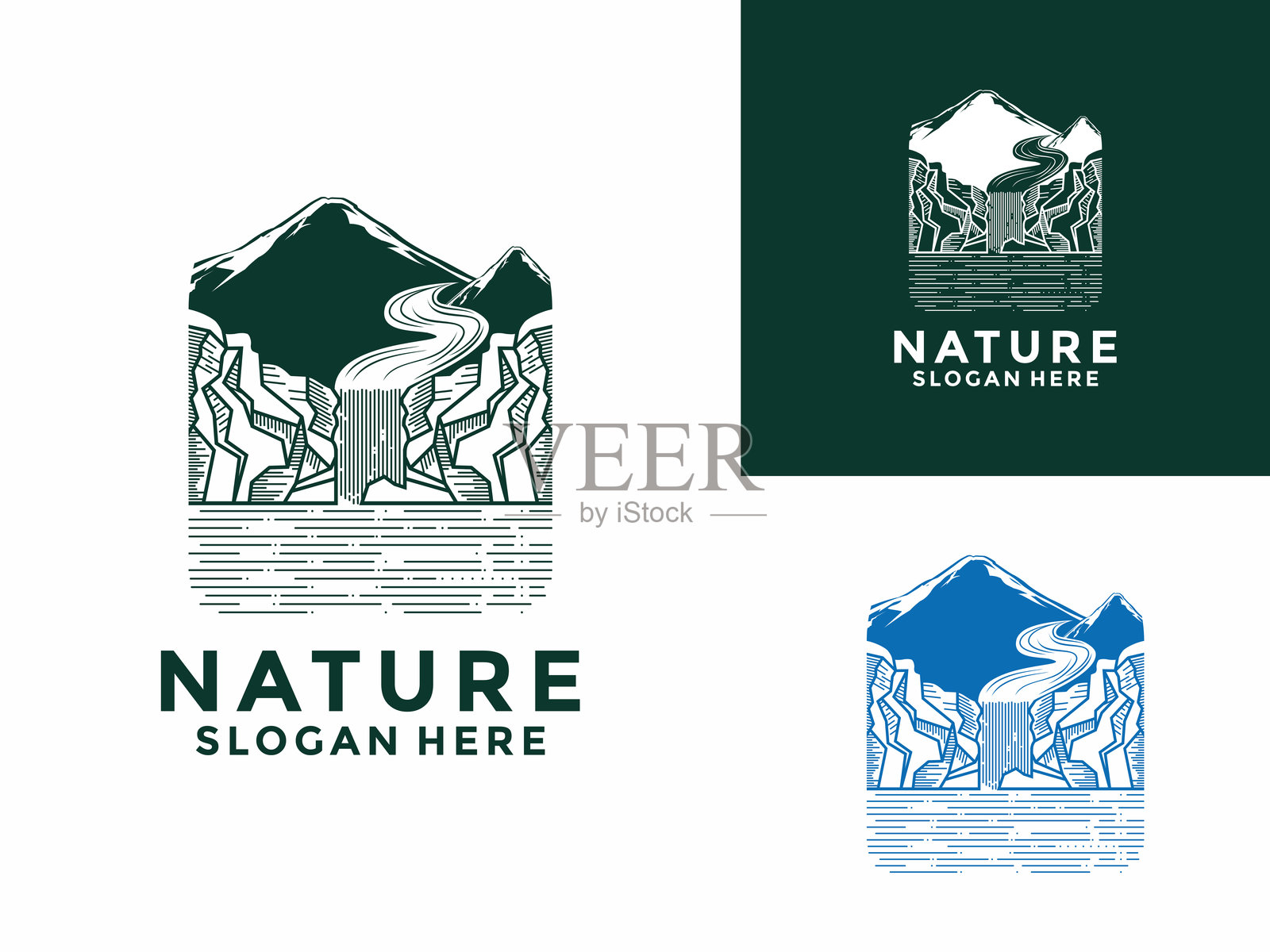复古自然logo设计。瀑布、河流、山脉、森林logo矢量模板插画图片素材