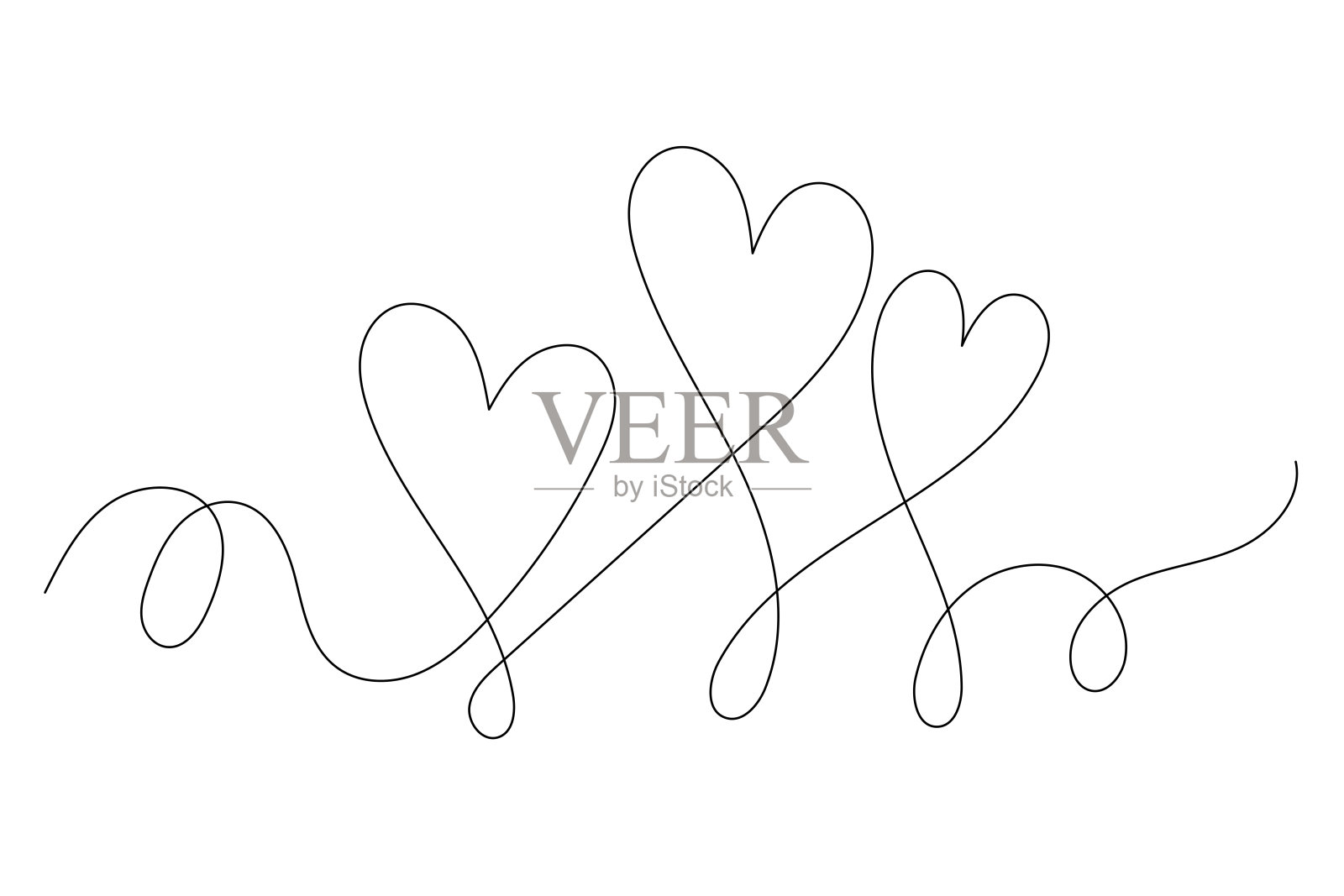 线条艺术波浪心形图标。浪漫的极简黑色轮廓剪影。情人节或婚礼贺卡背景。商店广告装饰壁纸单一连续线条绘制元素。插画图片素材