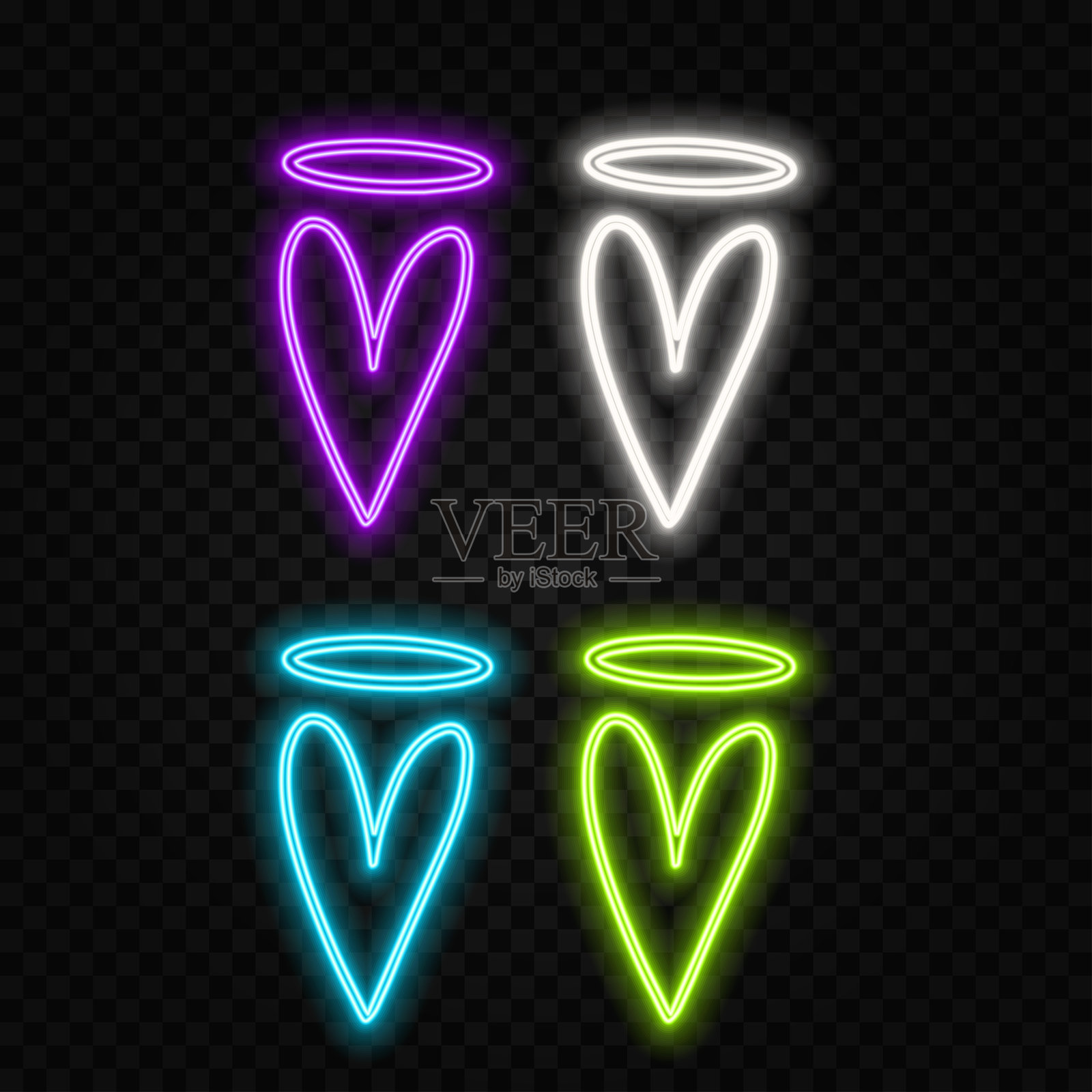 黑色背景上的红色心形霓虹灯3D渲染。情人节概念。3D插图。插画图片素材