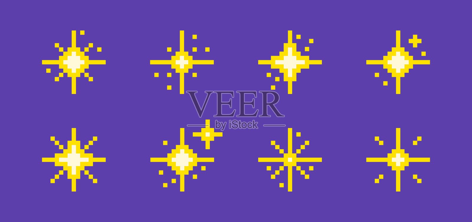 一组不同的像素艺术闪烁星星。适用于游戏、网站或应用程序的闪光、闪烁符号。插画图片素材