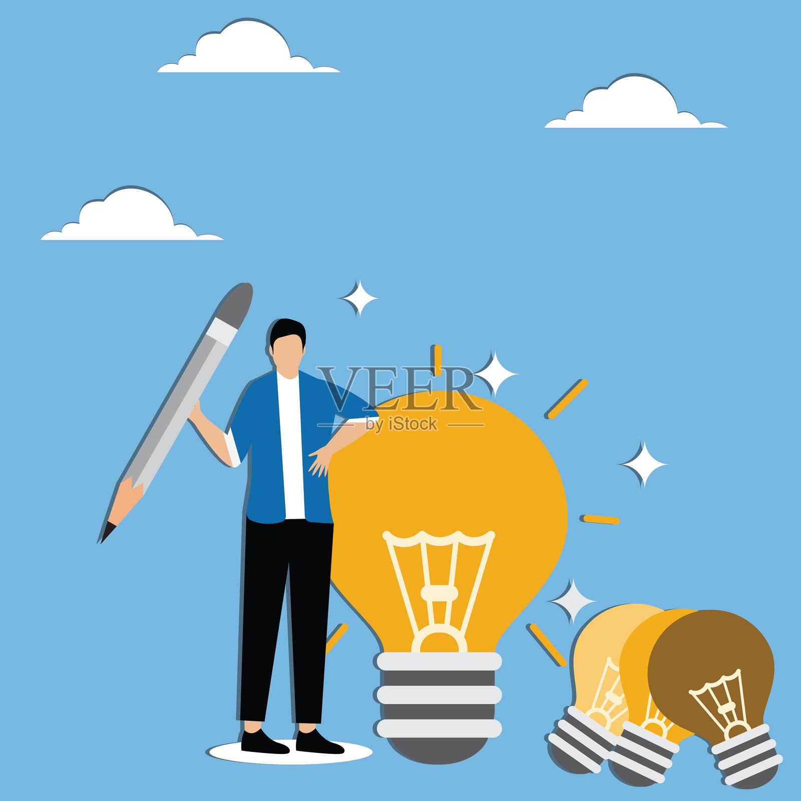 创造更多的想法和创意，伟大的点子，创造性思维，多种解决方案，商人用铅笔画出一堆发光的灯泡插画图片素材