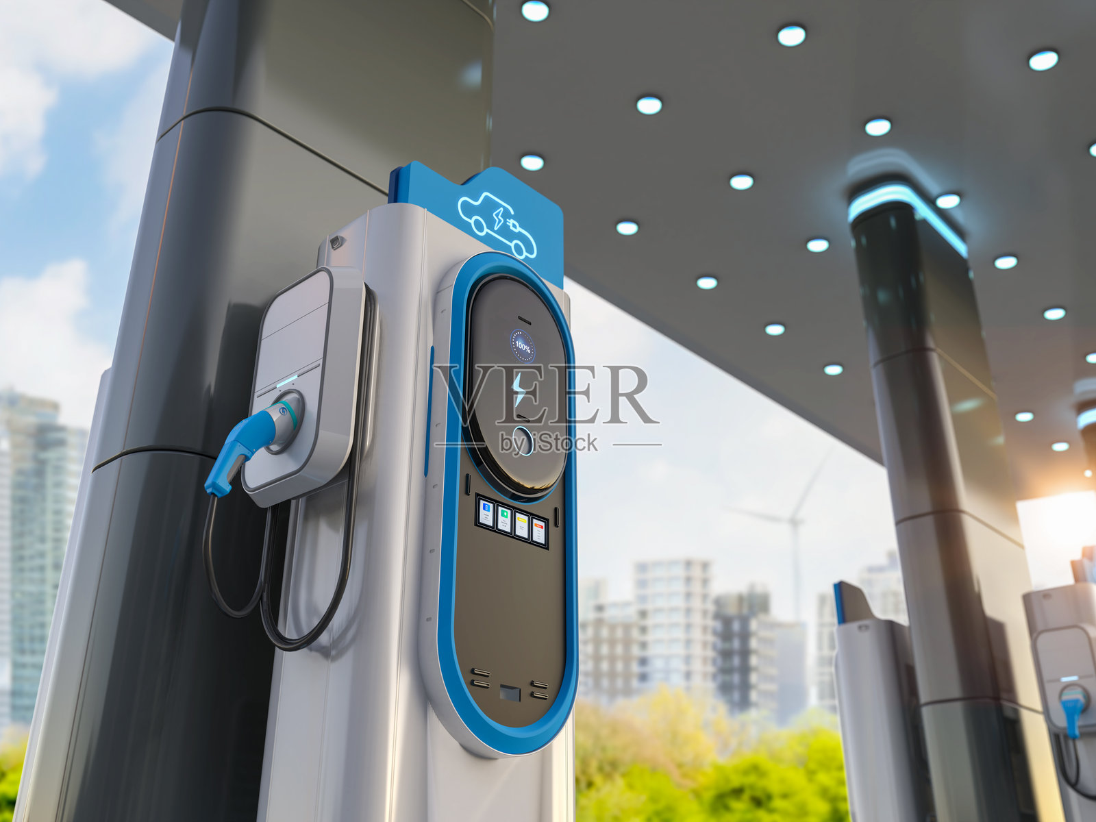 一组电动汽车充电站或电动车充电站照片摄影图片