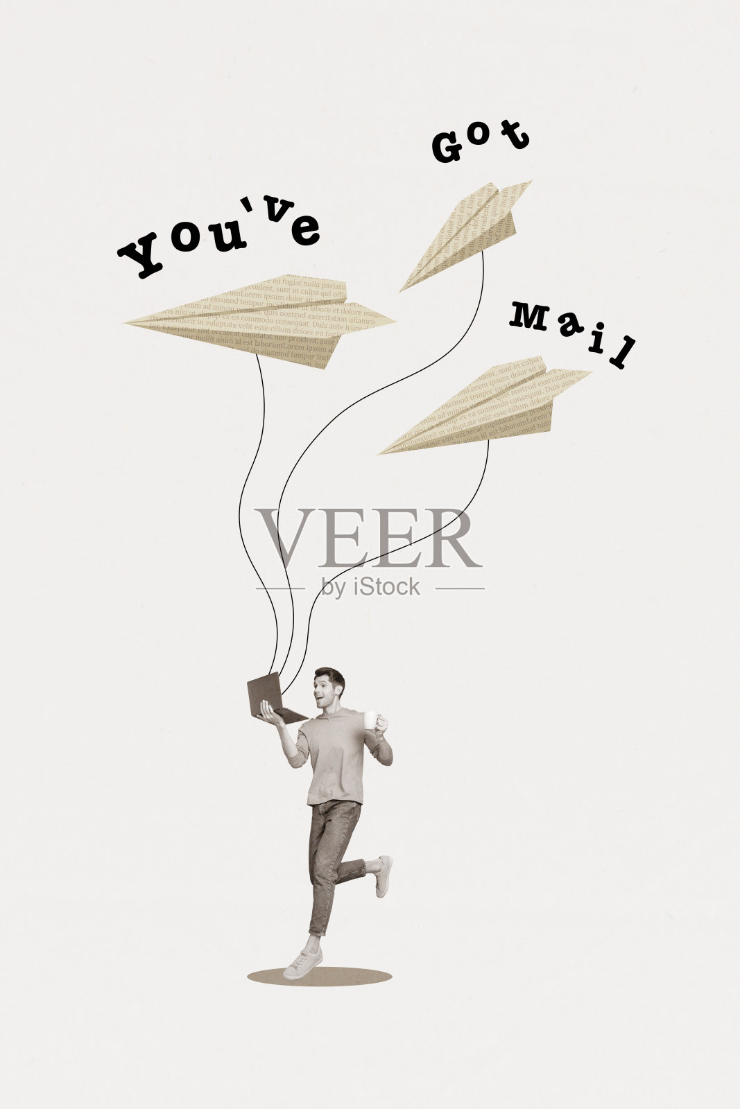 年轻男子工人学生手持笔记本电脑，通过在线远程通信接收电子邮件信件的垂直拼贴画照片摄影图片