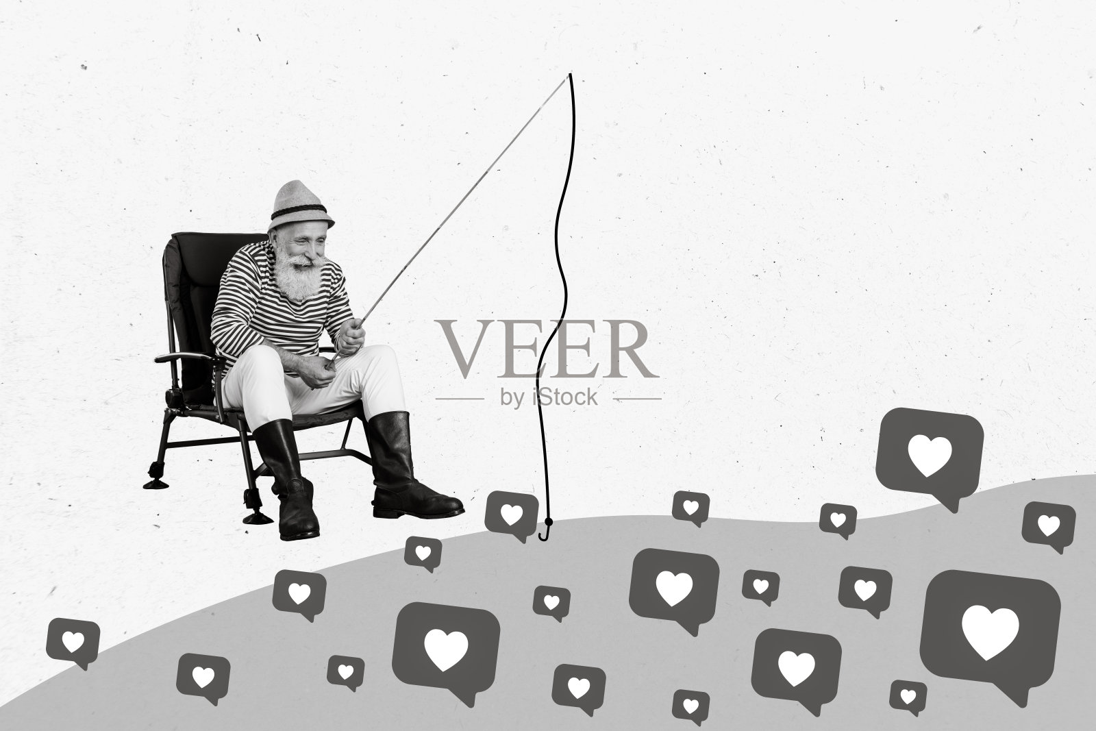 穿着搞笑帽子的老年渔民坐在椅子上，试图像按钮一样捕捉更多的关注，拼贴照片，背景为白色。照片摄影图片