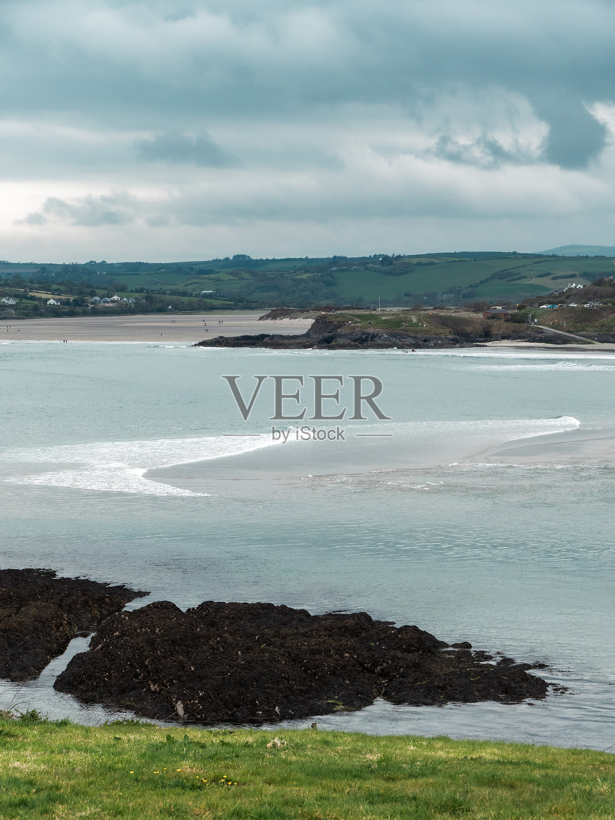 阴天的克洛纳基尔蒂湾景观。海边的浓密草地。爱尔兰南部的海岸线。海滨风景。多云的天气。照片摄影图片