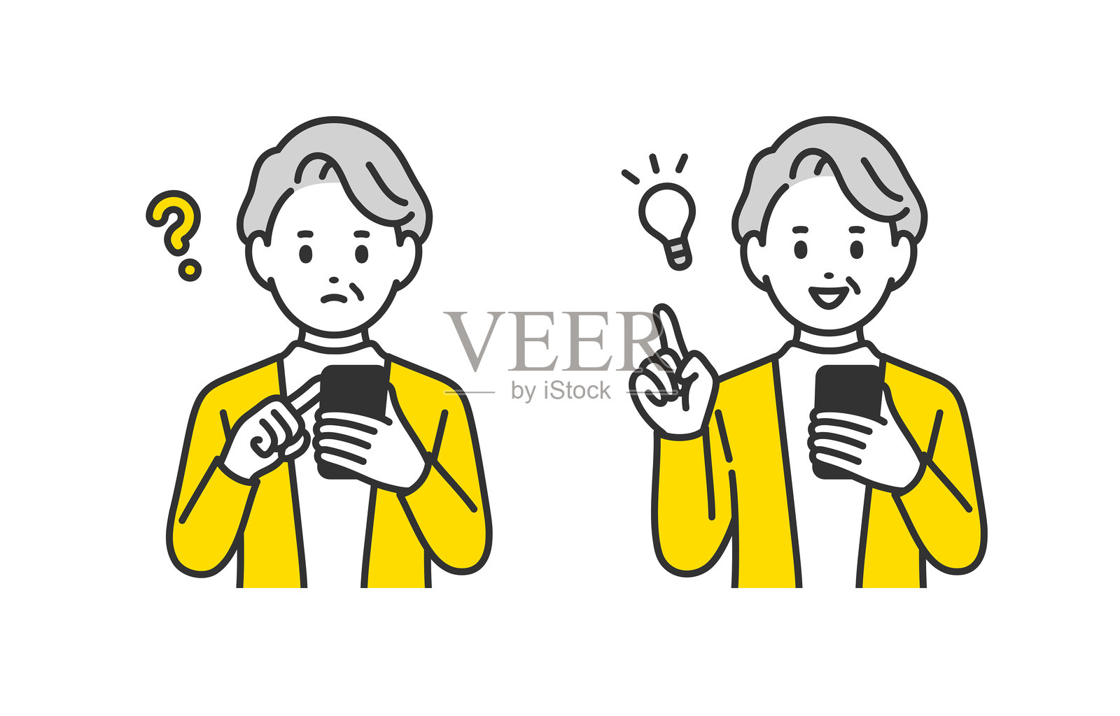 使用智能手机的老年女性，摆出疑问和思考的姿势【矢量／插图／人物】插画图片素材