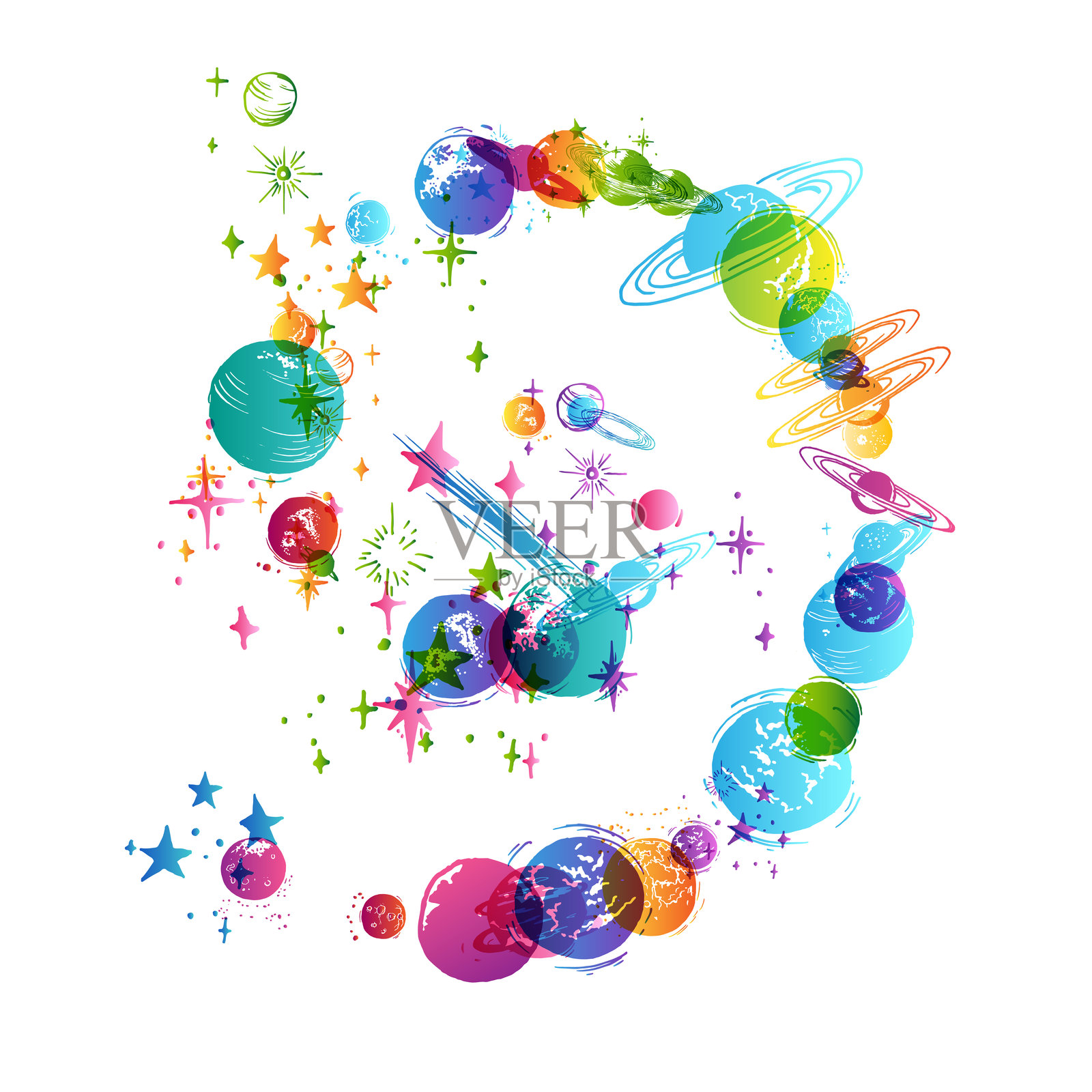 外太空中的行星、卫星和小行星。星空宇宙中闪烁的星星、星座、陨石和彗星。螺旋轨迹。插画图片素材