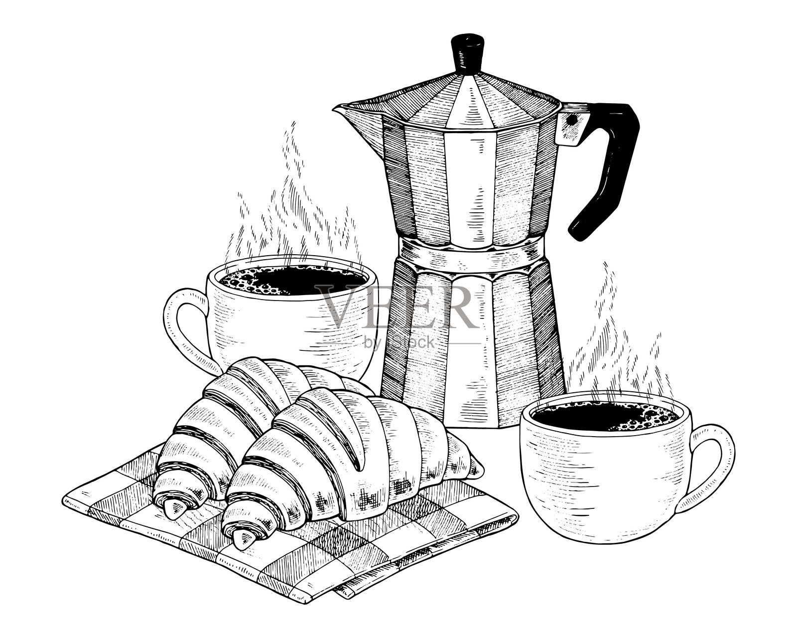 咖啡杯和可颂面包。手绘插图。摩卡壶和面包。复古黑白线条艺术背景。食品剪贴画素描。适用于咖啡馆和咖啡店菜单设计。插画图片素材