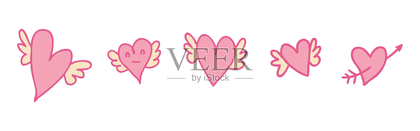 情人节元素集合，包含可爱的飞翔心形图案。非常适合用于贴纸、贺卡、标签和促销。手绘孤立涂鸦矢量插图。插画图片素材