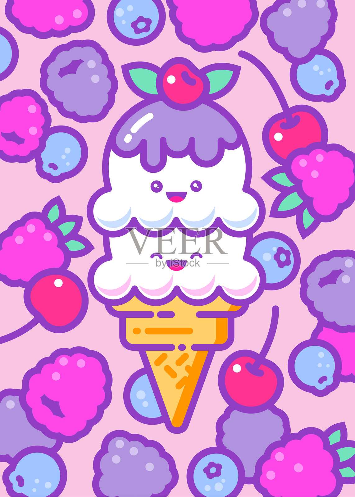 两个冰淇淋球，淋上糖浆，放在华夫筒里，背景是浆果。插画图片素材